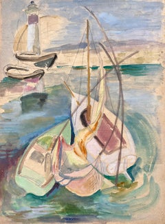 Mid-20th Century Post-Impressionist Watercolour of Boats and Lighthouse Scene