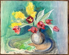 Aquarelle post-impressionniste du milieu du 20e siècle représentant des tulipes et des Mimosa rouges dans un vase