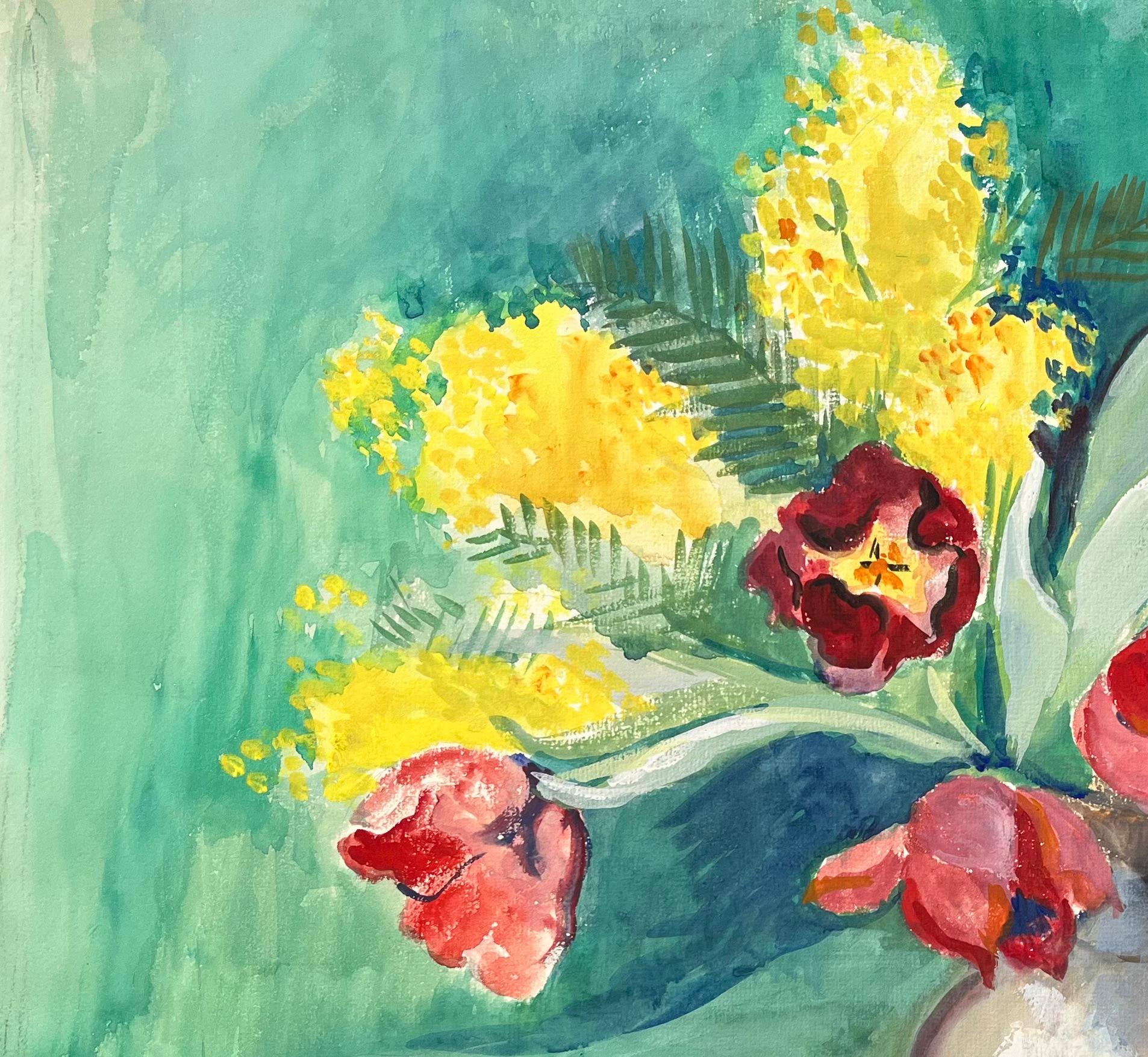 Acuarela postimpresionista de mediados del siglo XX de tulipanes rojos y mimosas en jarrón - Painting Posimpresionista de Anne Marie Migette Perard