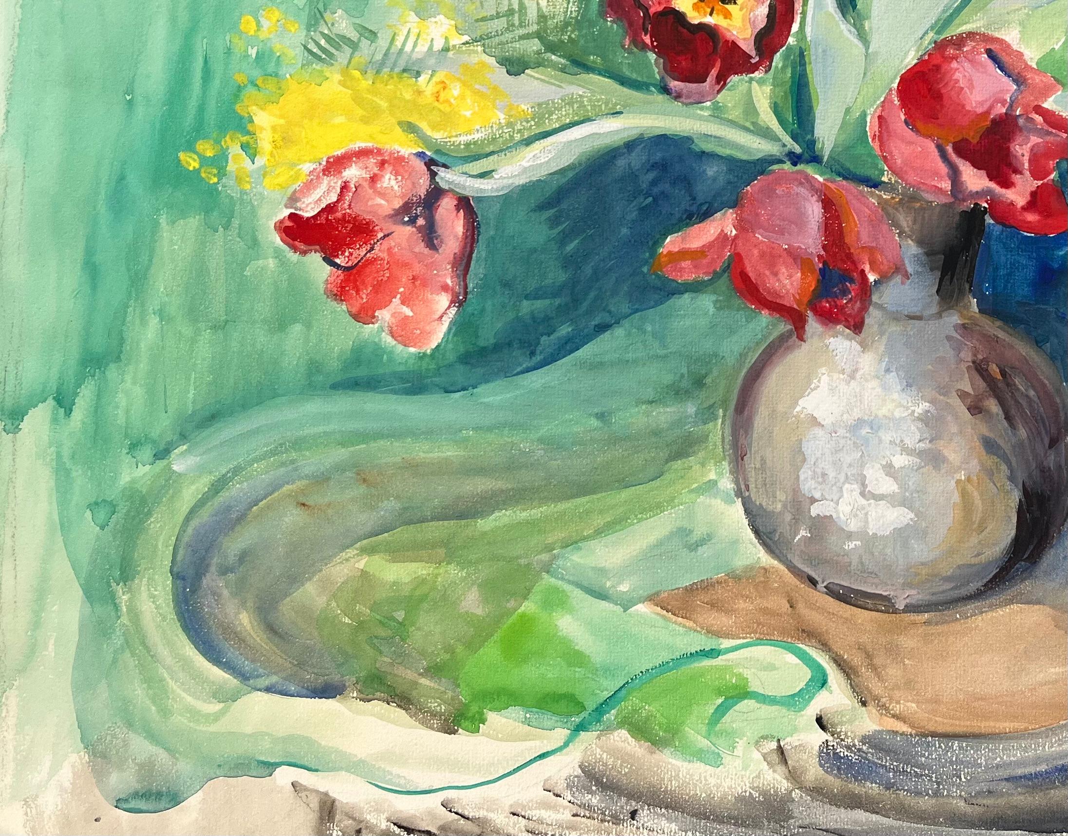 Acuarela postimpresionista de mediados del siglo XX de tulipanes rojos y mimosas en jarrón - Landscape Painting Gris de Anne Marie Migette Perard
