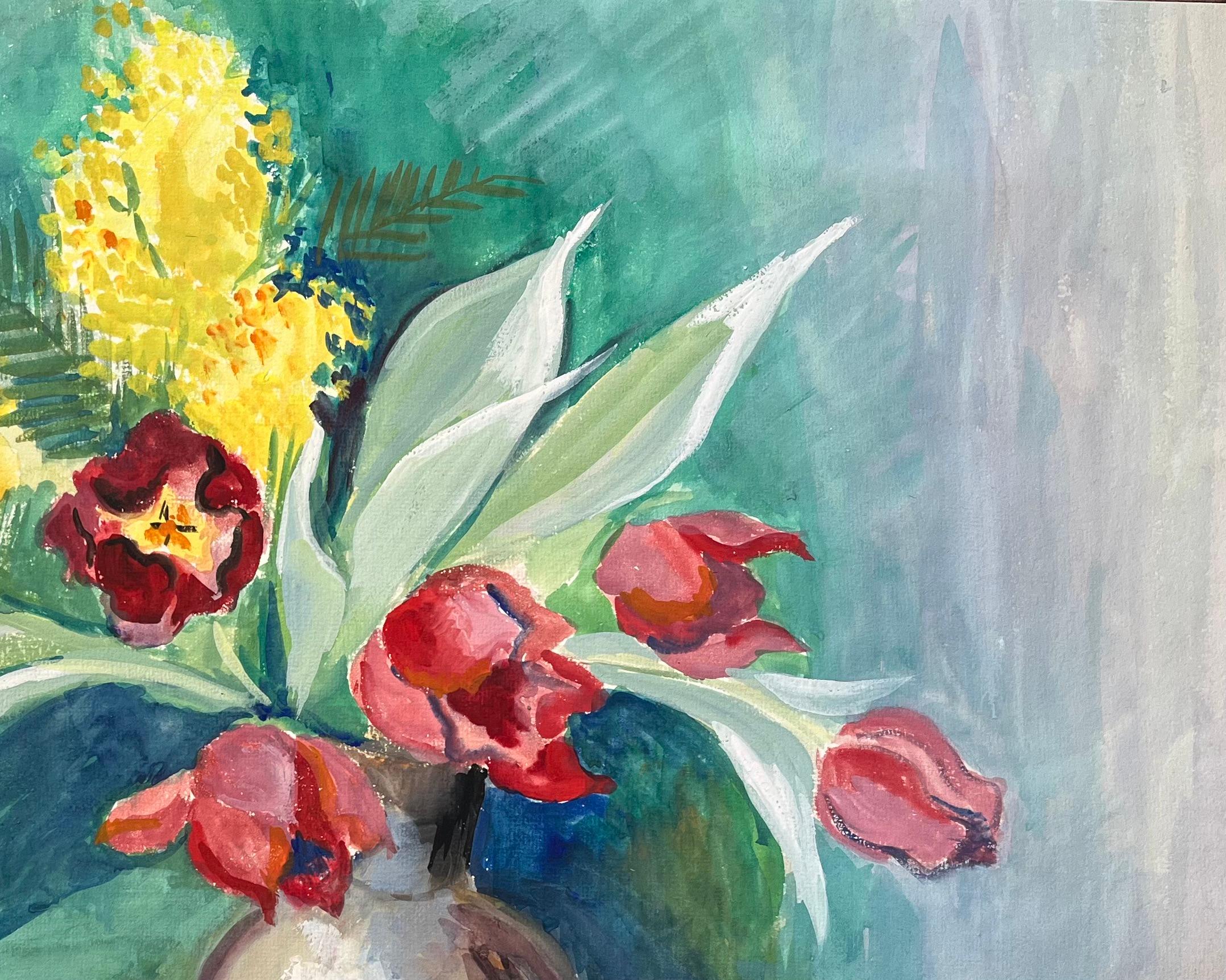 Título: Acuarela postimpresionista de mediados del siglo XX de tulipanes rojos y mimosas en jarrón
de Anne Marie Migette Perard (francesa 1902-1977)
Técnica: Acuarela sobre papel sin enmarcar
Tamaño: 18,75 pulgadas (alto) x 23,75 pulgadas