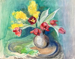 Mid-20th Century Post-Impressionist Watercolour of Red Tulips and Mimosa in Vase
