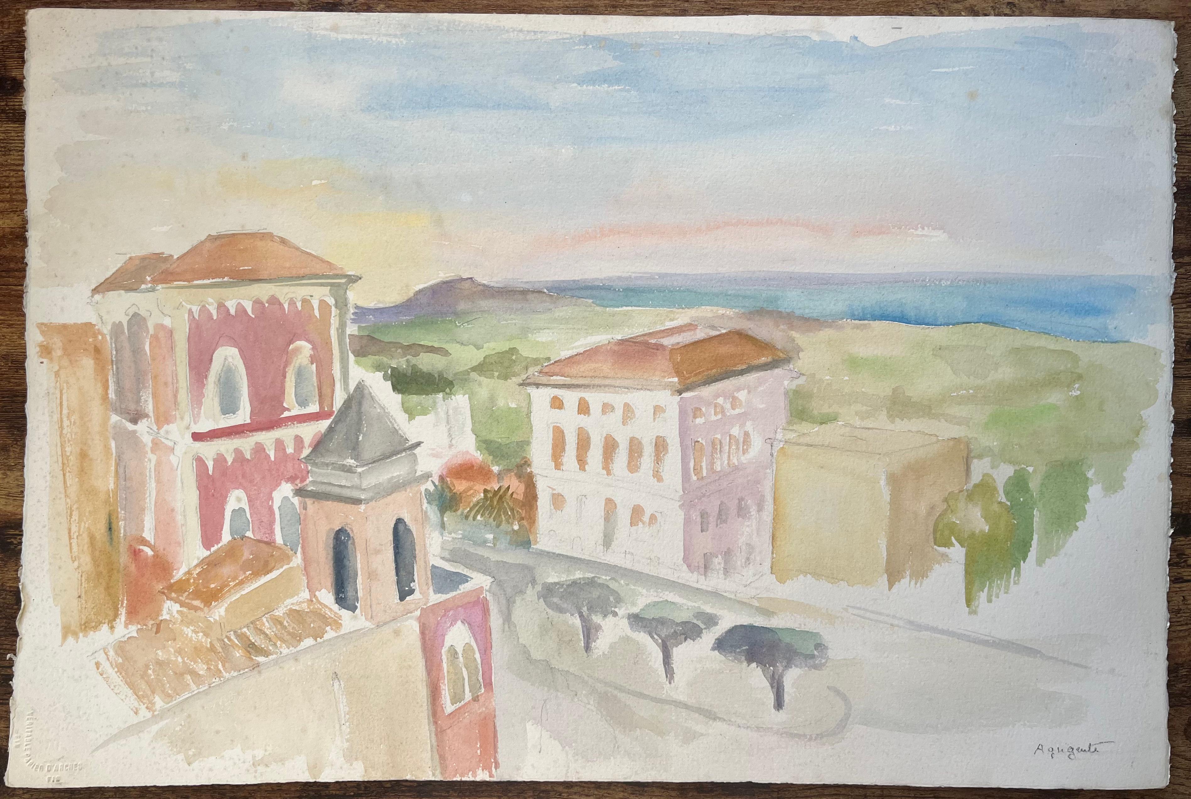 Acquerello della metà del XX secolo con architettura costiera e vista sul mare ad Agrigento - Painting di Anne Marie Migette Perard