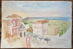 Aquarell der Küstenarchitektur und Meeresansicht aus der Mitte des 20. Jahrhunderts in Agrigento