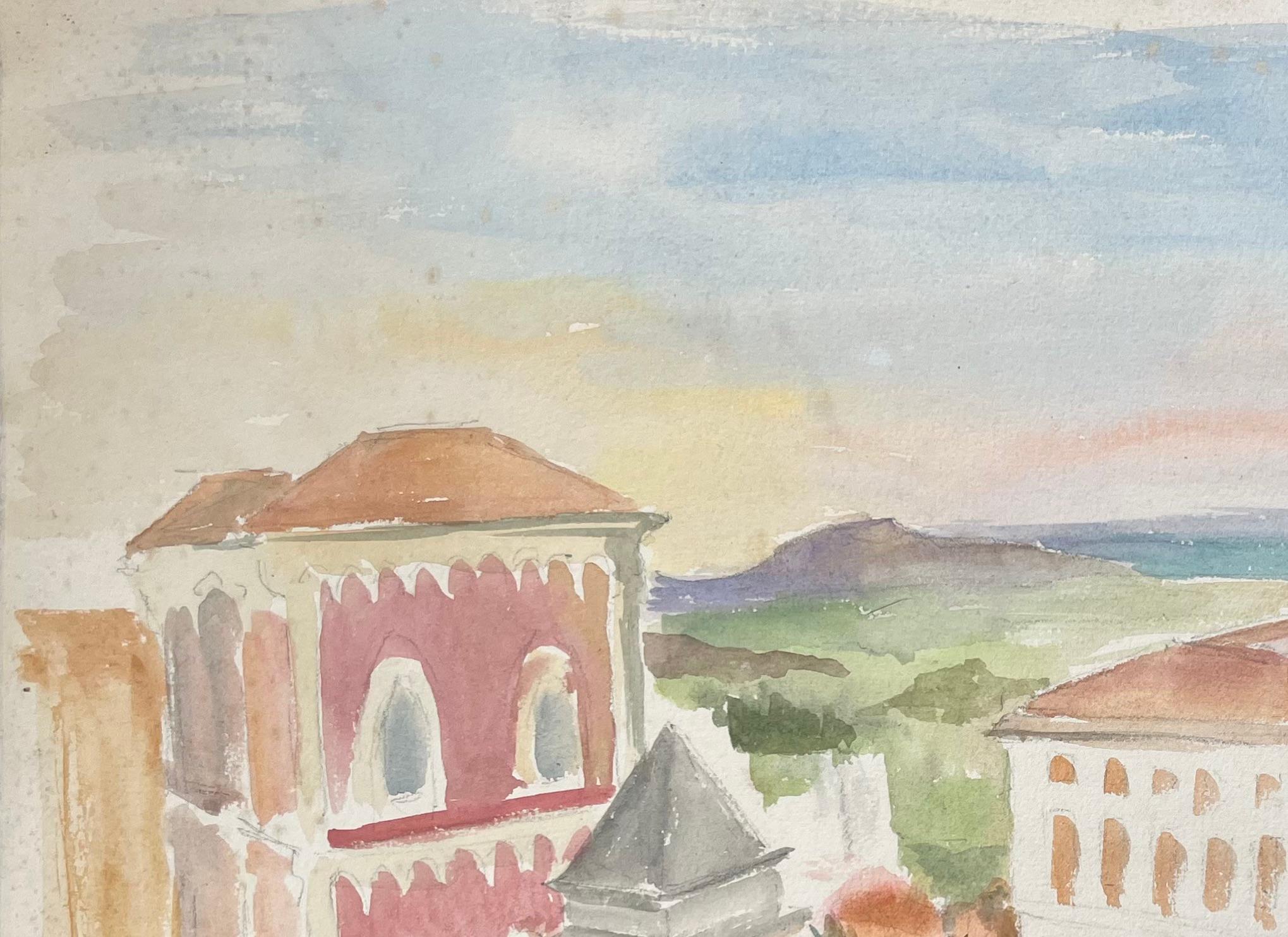 Acquerello della metà del XX secolo con architettura costiera e vista sul mare ad Agrigento - Painting Postimpressionismo di Anne Marie Migette Perard