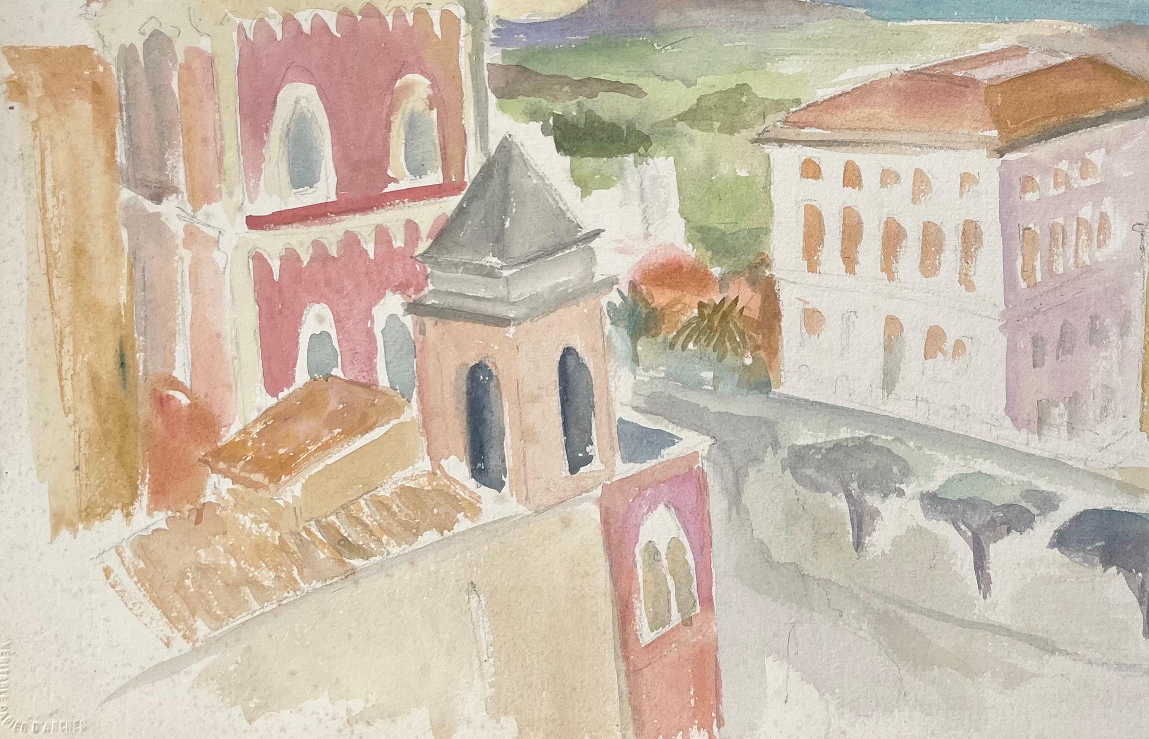 Acquerello della metà del XX secolo con architettura costiera e vista sul mare ad Agrigento - Figurative Painting Grigio di Anne Marie Migette Perard