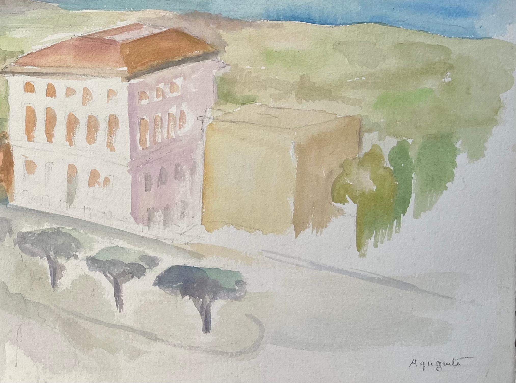 Acquerello della metà del XX secolo con architettura costiera e vista sul mare ad Agrigento in vendita 1