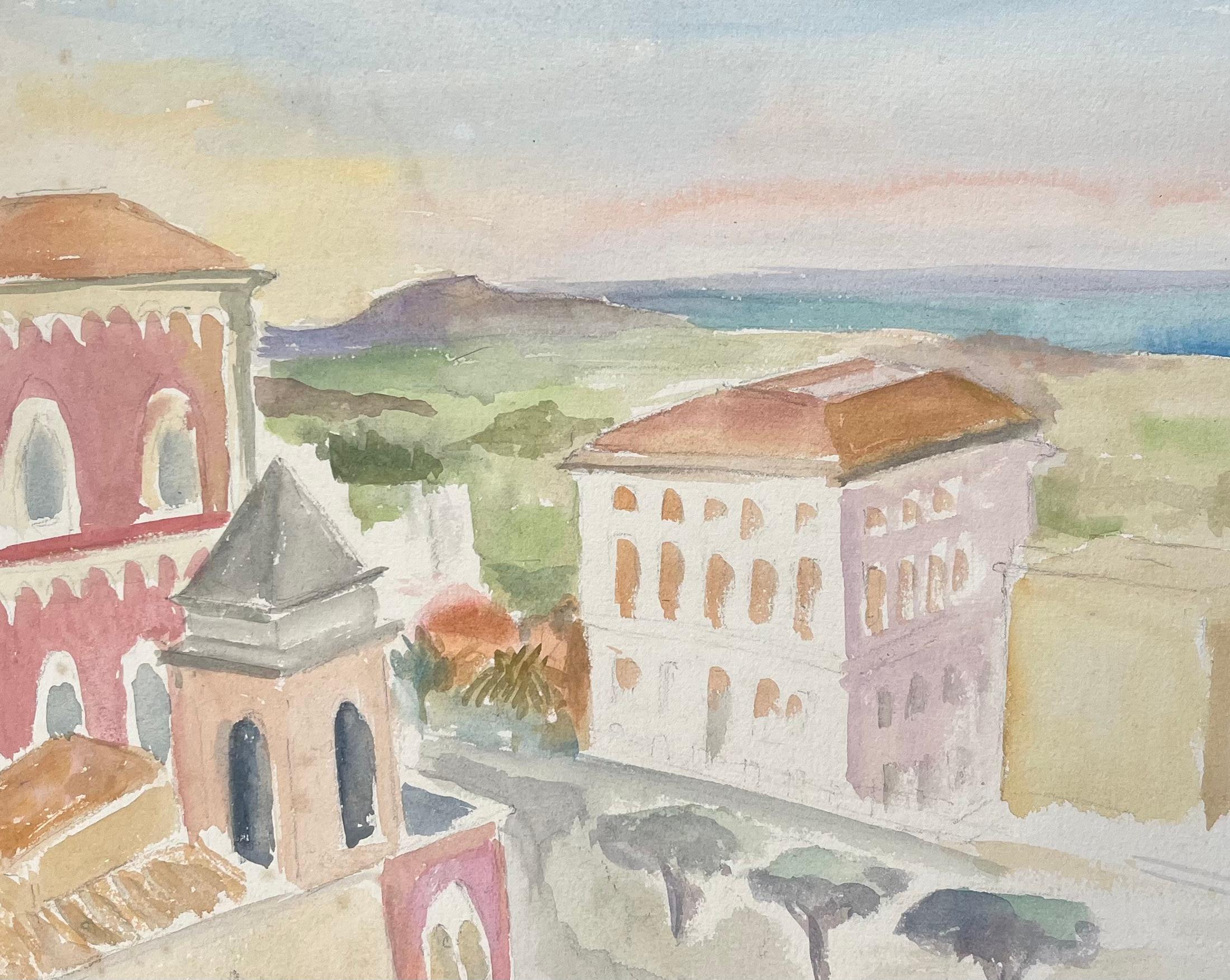 Acquerello della metà del XX secolo con architettura costiera e vista sul mare ad Agrigento in vendita 2