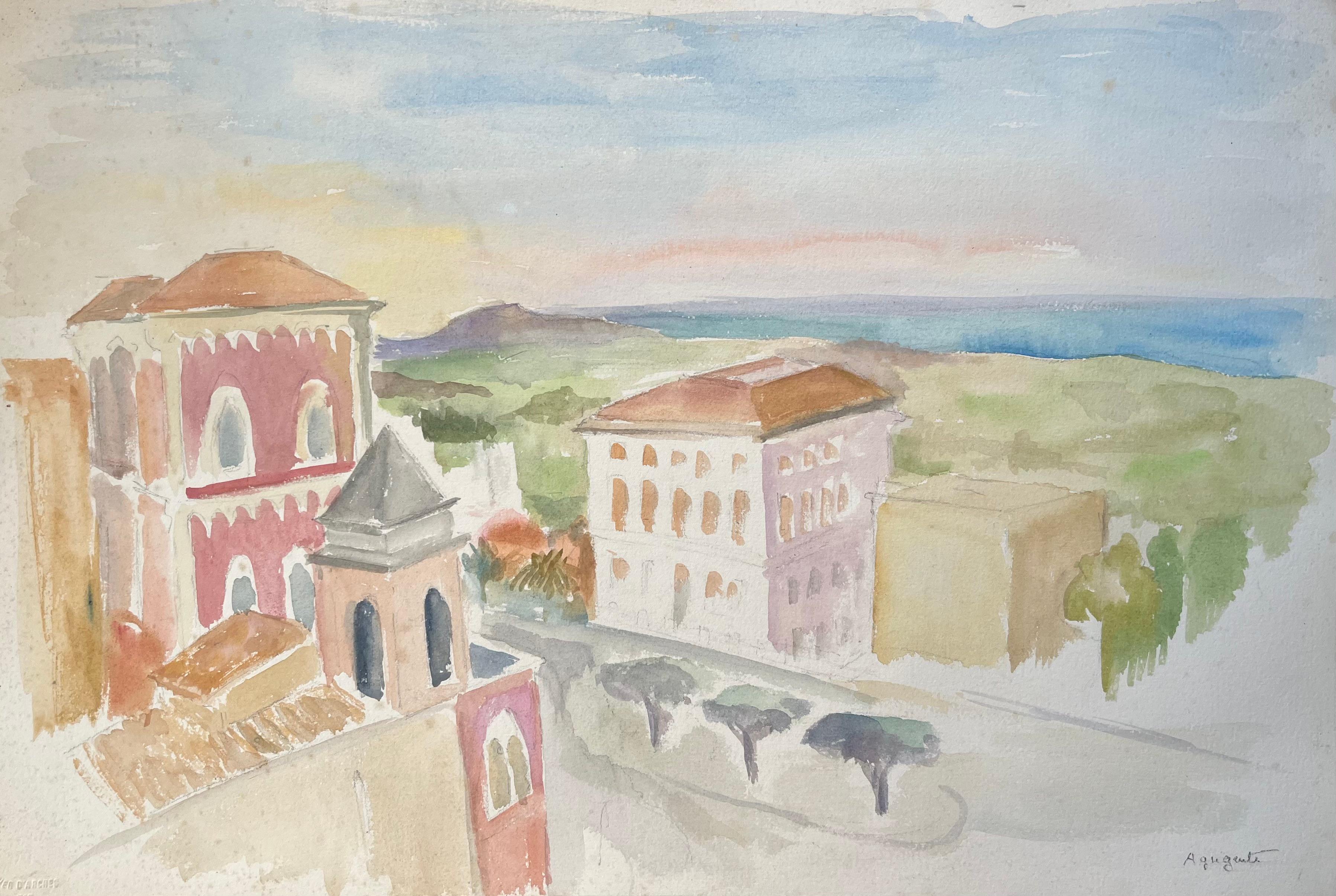 Figurative Painting di Anne Marie Migette Perard - Acquerello della metà del XX secolo con architettura costiera e vista sul mare ad Agrigento