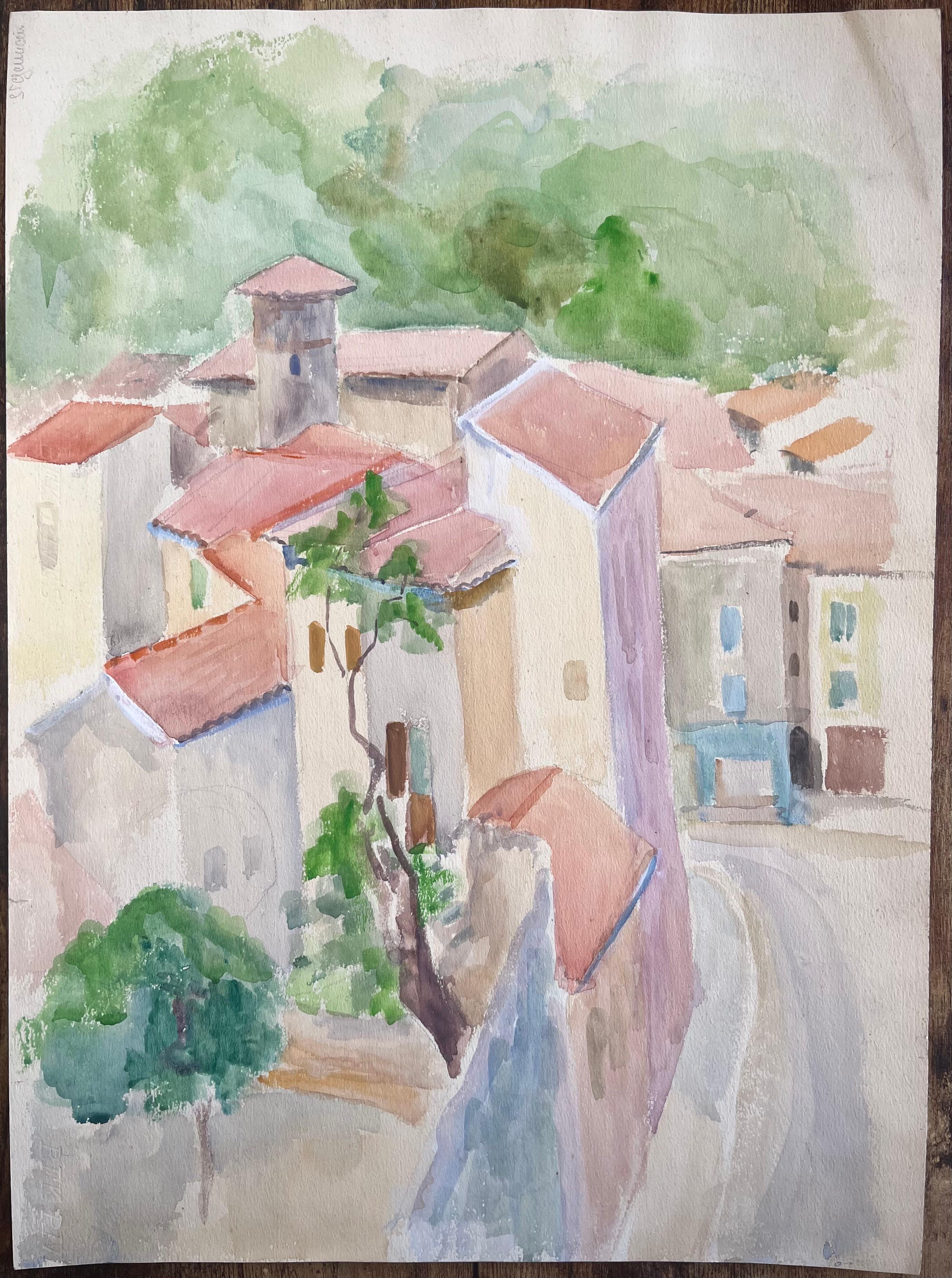 Acquerello della metà del XX secolo con tetti e strade in pietra a Goudargues, Francia - Painting di Anne Marie Migette Perard