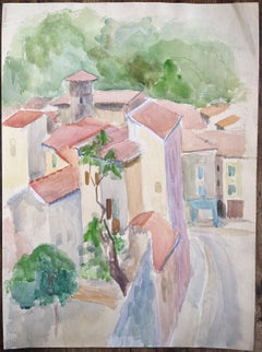 Mid-20th Century Watercolour of Rooftops and Stone Streets in Goudargues France