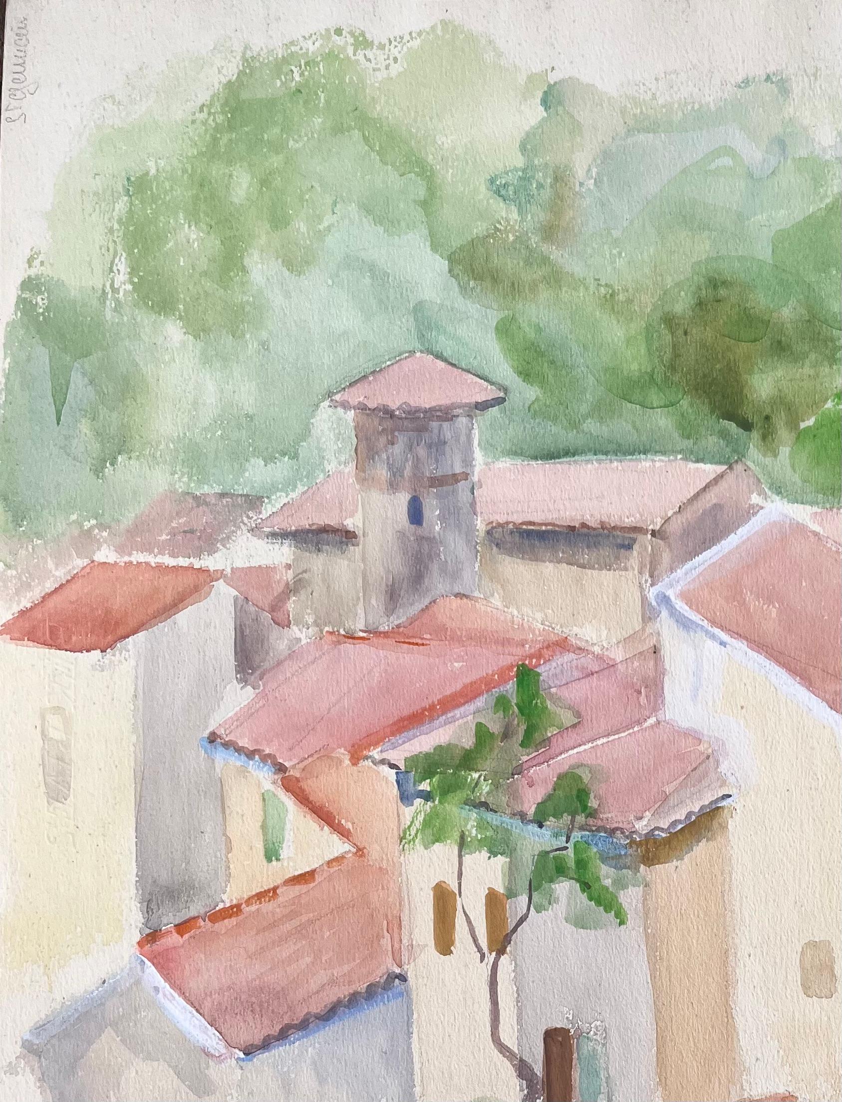 Acquerello della metà del XX secolo con tetti e strade in pietra a Goudargues, Francia - Painting Postimpressionismo di Anne Marie Migette Perard