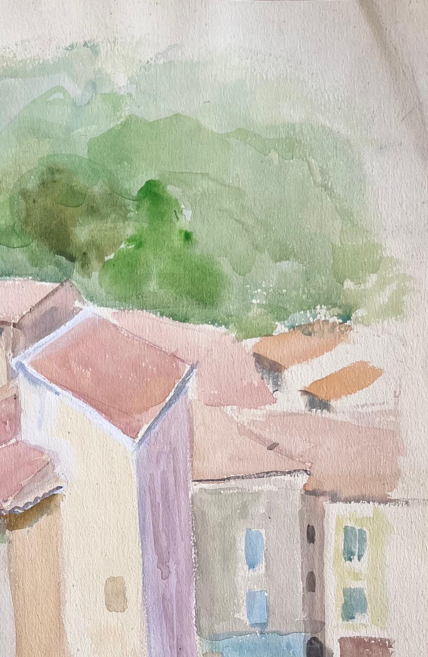 Acquerello della metà del XX secolo con tetti e strade in pietra a Goudargues, Francia - Landscape Painting Grigio di Anne Marie Migette Perard