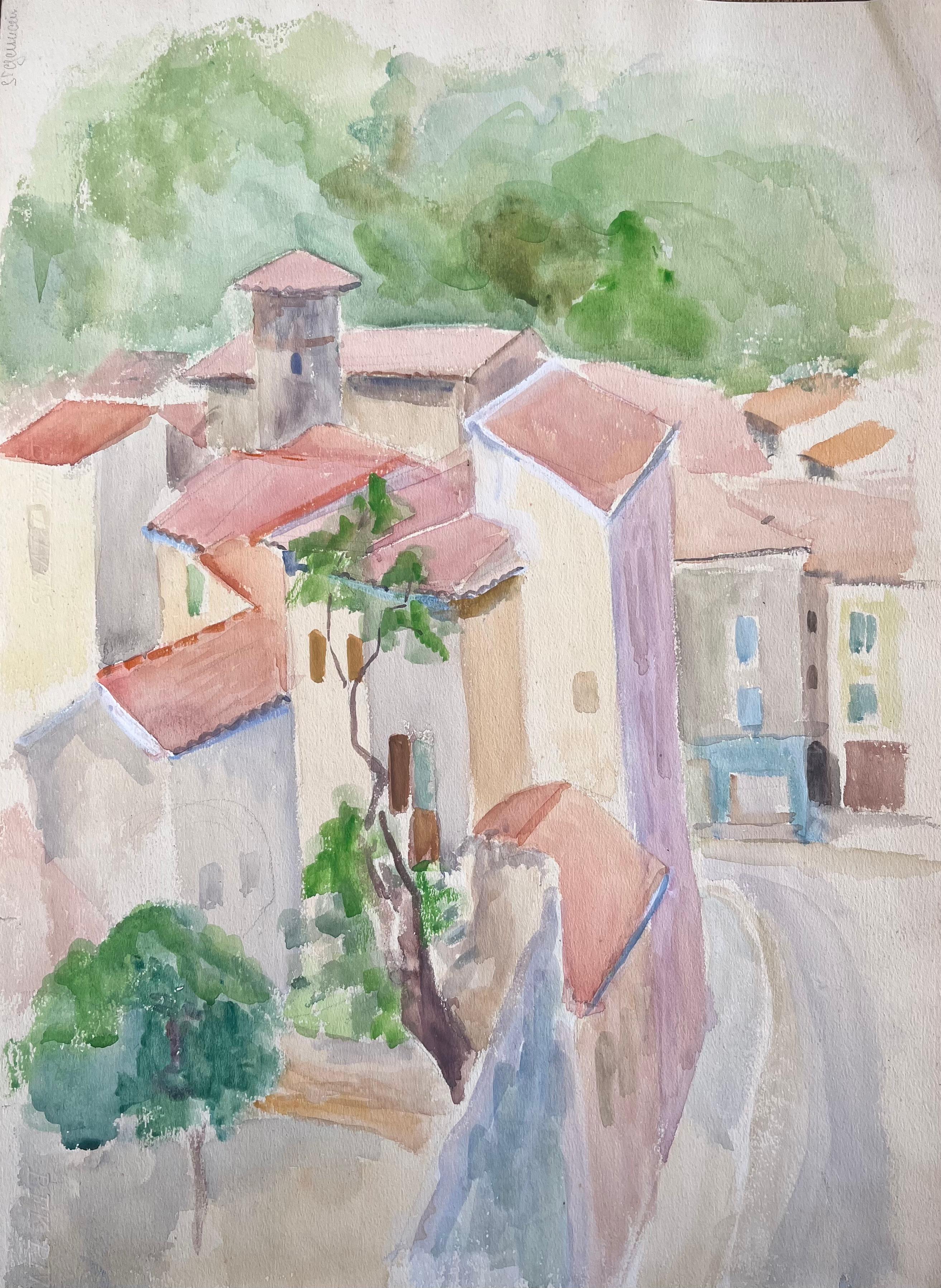 Landscape Painting di Anne Marie Migette Perard - Acquerello della metà del XX secolo con tetti e strade in pietra a Goudargues, Francia