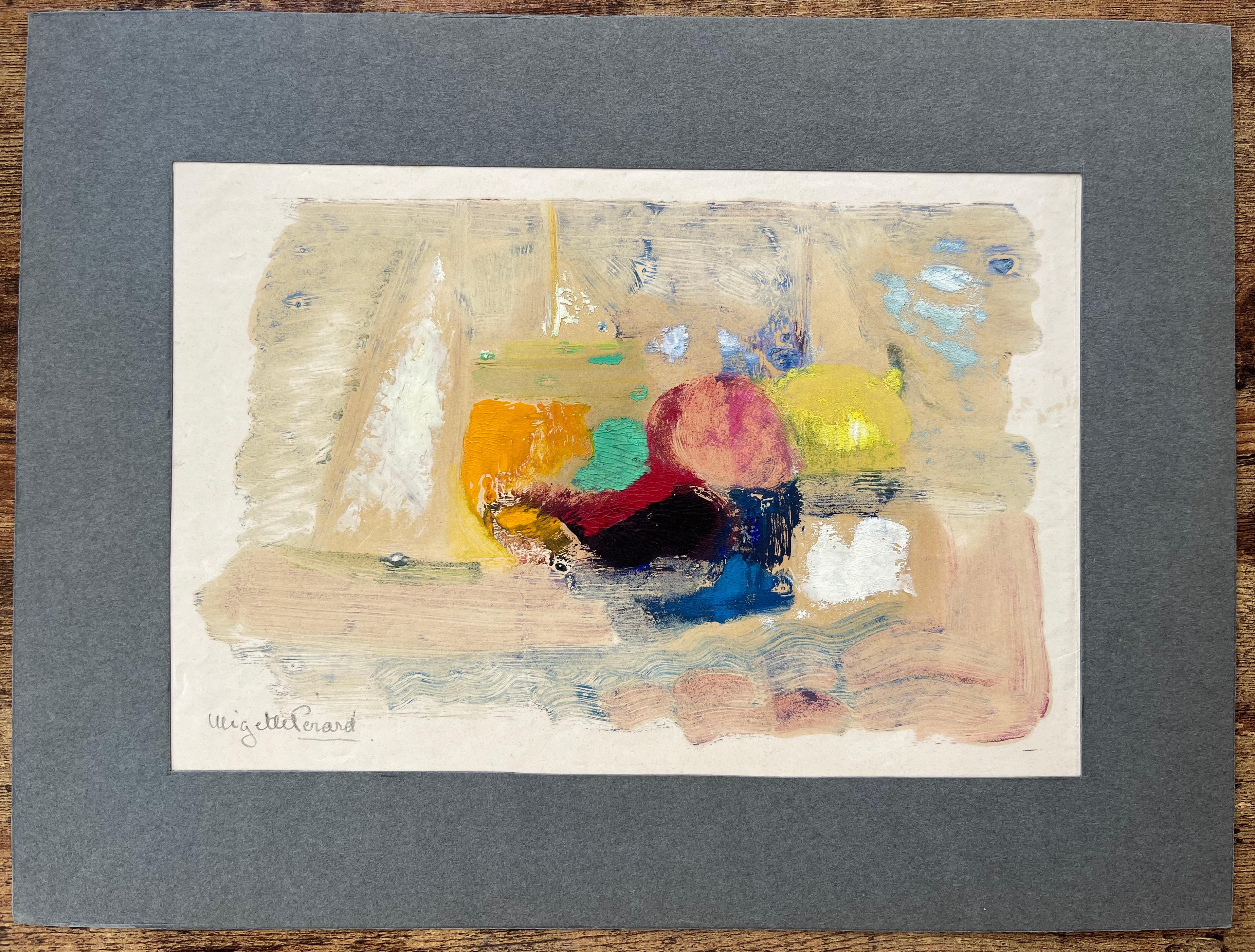 Mid-Century French Abstract Still Life With Fruit and Glass in Bold Oil Colours - Painting by Anne Marie Migette Perard