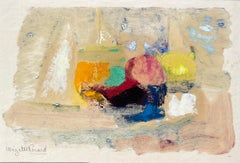 Nature morte abstraite française du milieu du siècle avec fruits et verre aux couleurs vives à l'huile