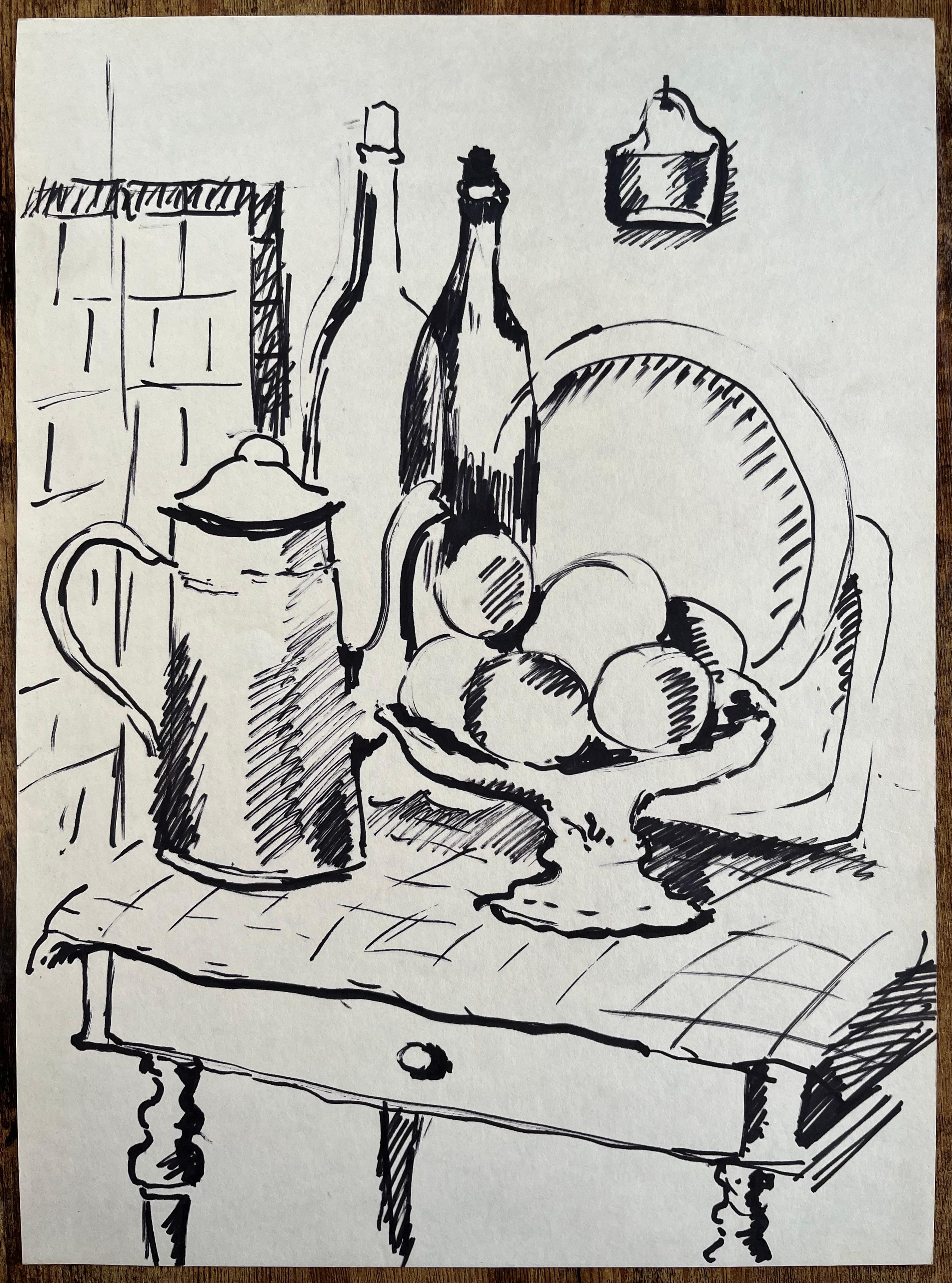 Dibujo francés de bodegón de mediados de siglo con frutero Cafetera y botellas - Painting de Anne Marie Migette Perard