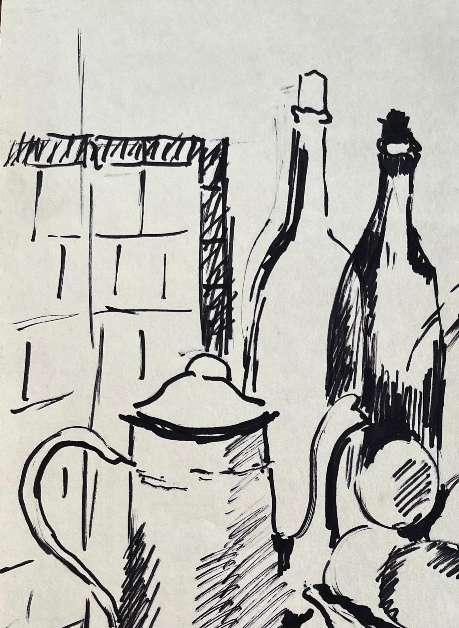 Dibujo francés de bodegón de mediados de siglo con frutero Cafetera y botellas - Painting Posimpresionista de Anne Marie Migette Perard