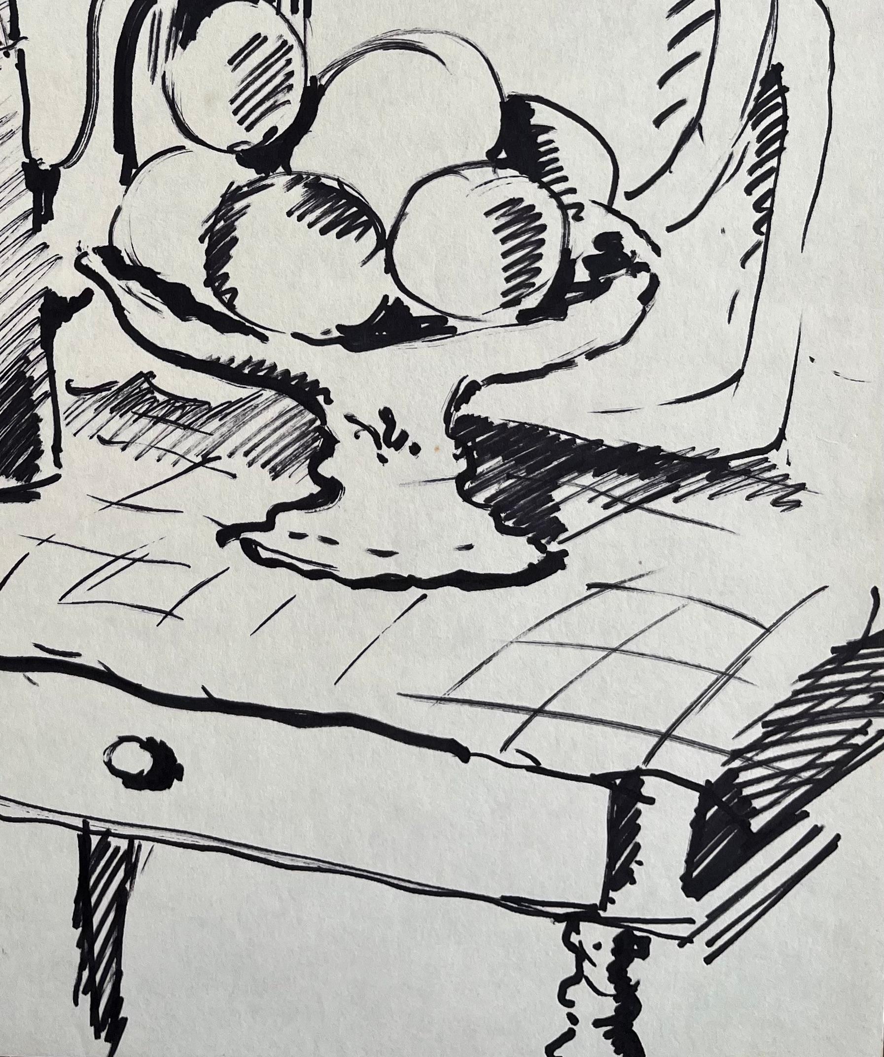 Título: Dibujo francés de bodegón de mediados de siglo con frutero cafetera y botellas
de Anne Marie Migette Perard (francesa 1902-1977)
Medio: Dibujo a pluma sobre papel sin enmarcar
Tamaño: 15,75 pulgadas (alto) x 11,5 pulgadas (ancho) 
Estado: