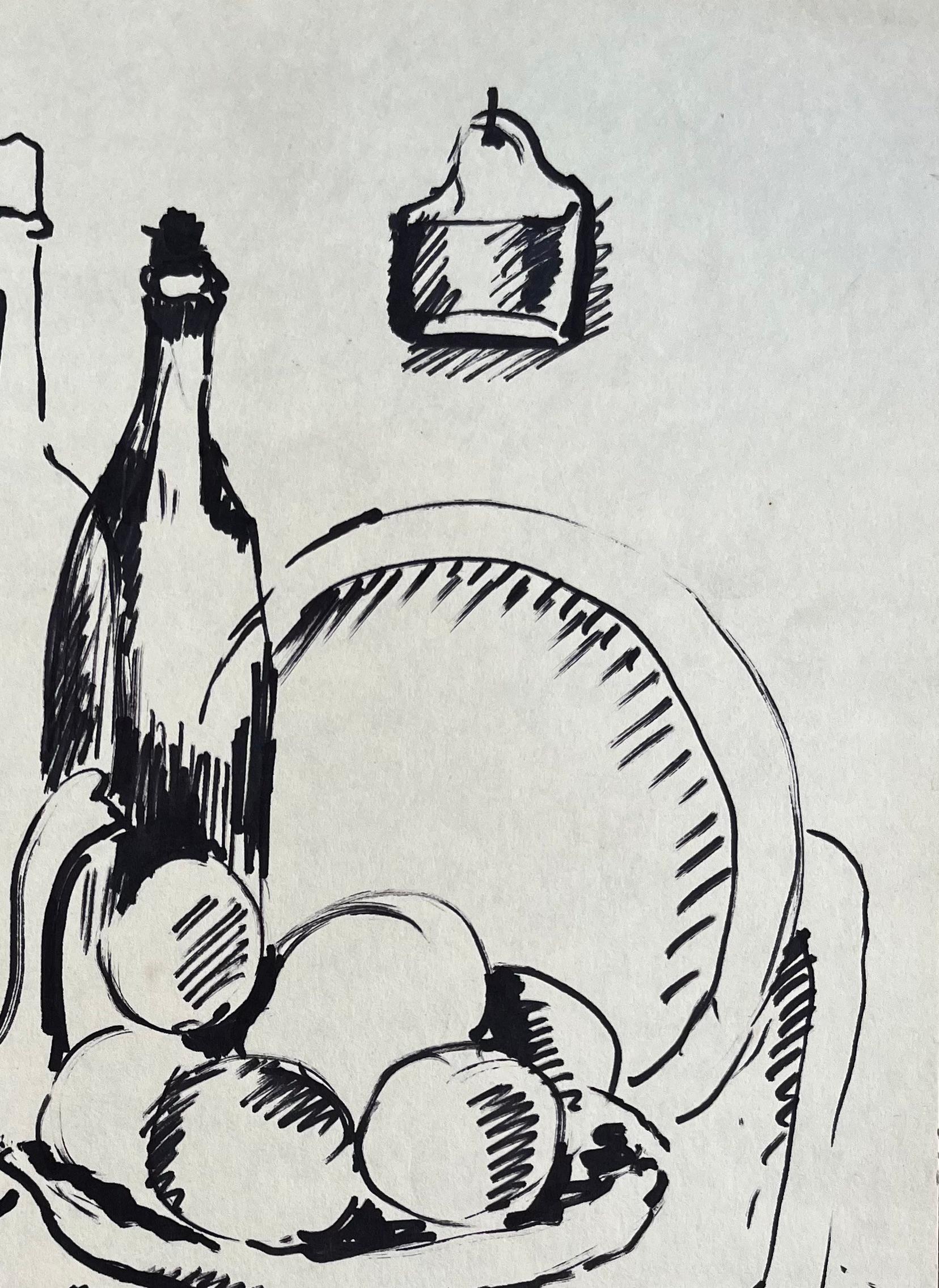 Dibujo francés de bodegón de mediados de siglo con frutero Cafetera y botellas en venta 1
