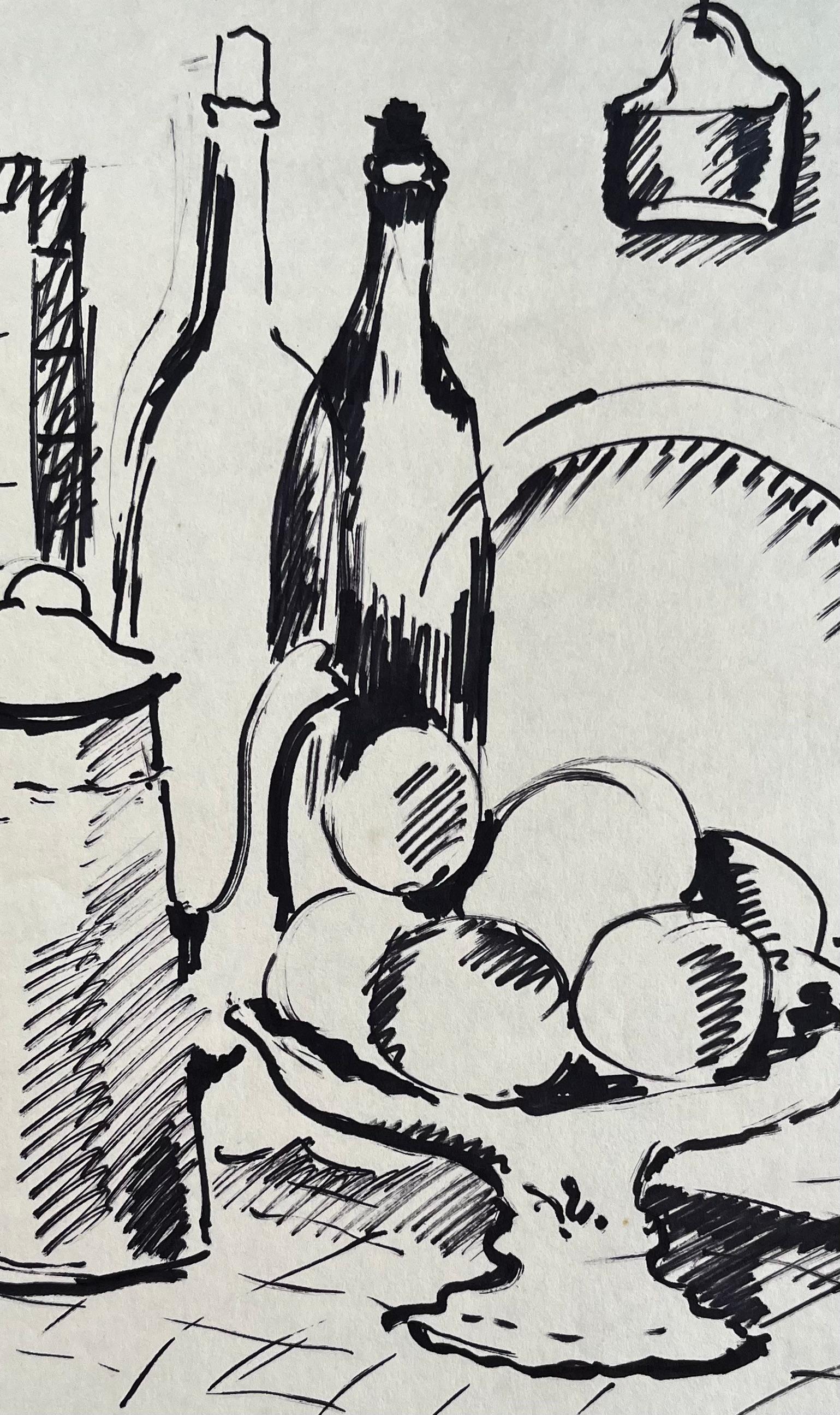 Dibujo francés de bodegón de mediados de siglo con frutero Cafetera y botellas en venta 2