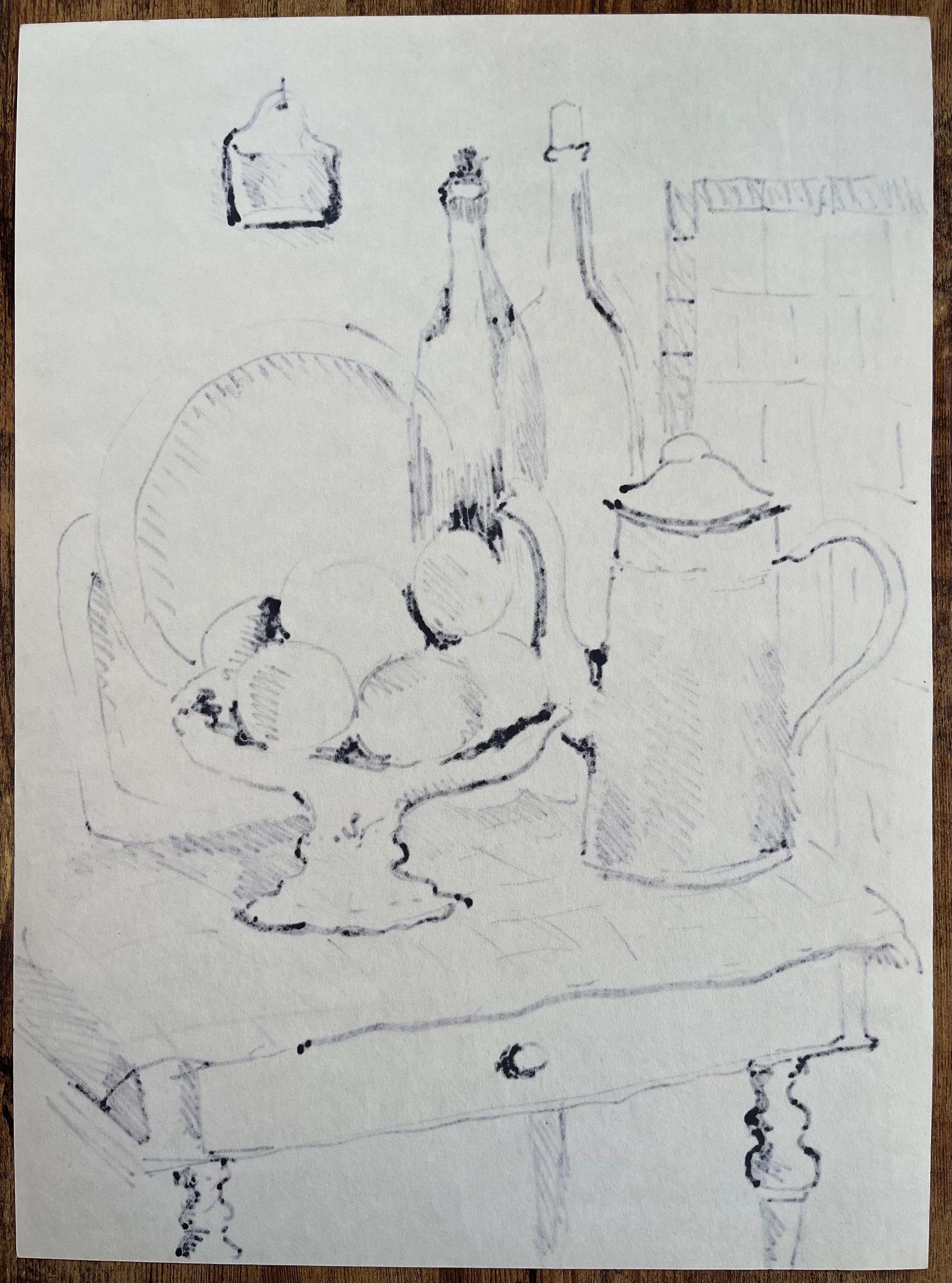 Dibujo francés de bodegón de mediados de siglo con frutero Cafetera y botellas en venta 3