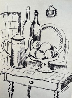 Dessin français du milieu du siècle représentant une nature morte avec une coupe de fruits, une cafetière et des bouteilles