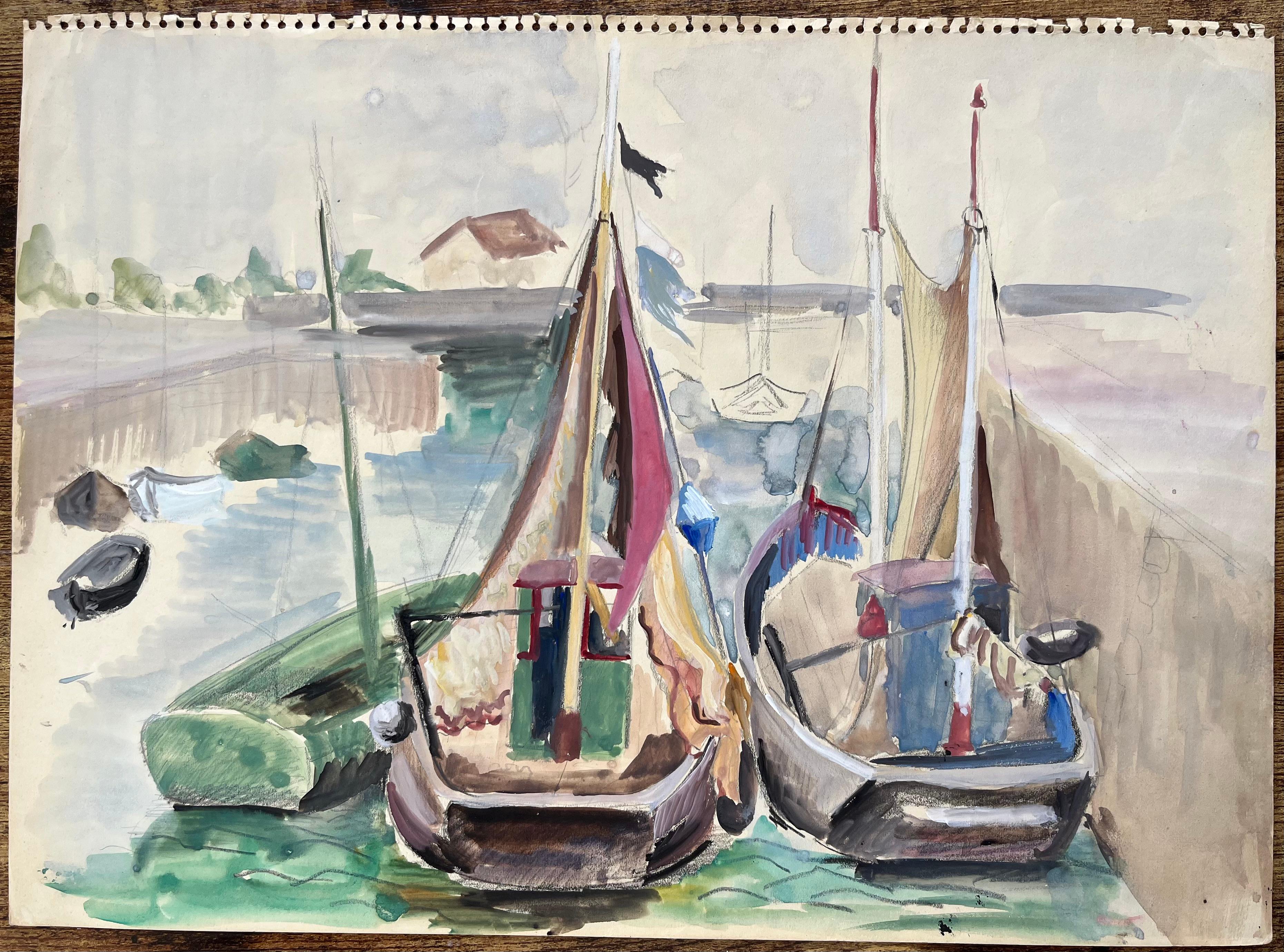 Scena portuale francese di metà secolo con barche a vela colorate attraccate al porto - Painting di Anne Marie Migette Perard