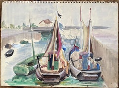 Mid-Century French Harbour Scene With Colourful Sailboats Docked at Port