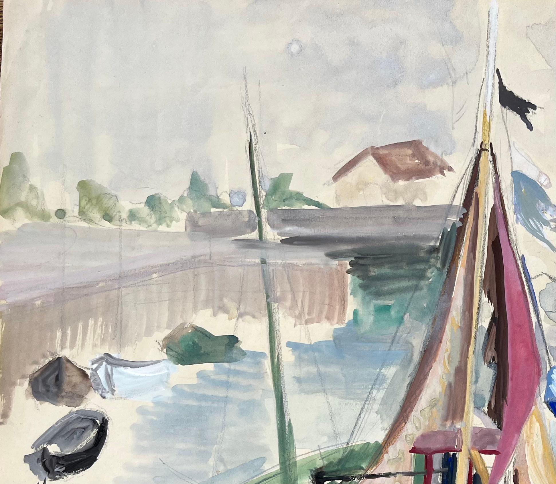 Scena portuale francese di metà secolo con barche a vela colorate attraccate al porto - Painting Postimpressionismo di Anne Marie Migette Perard