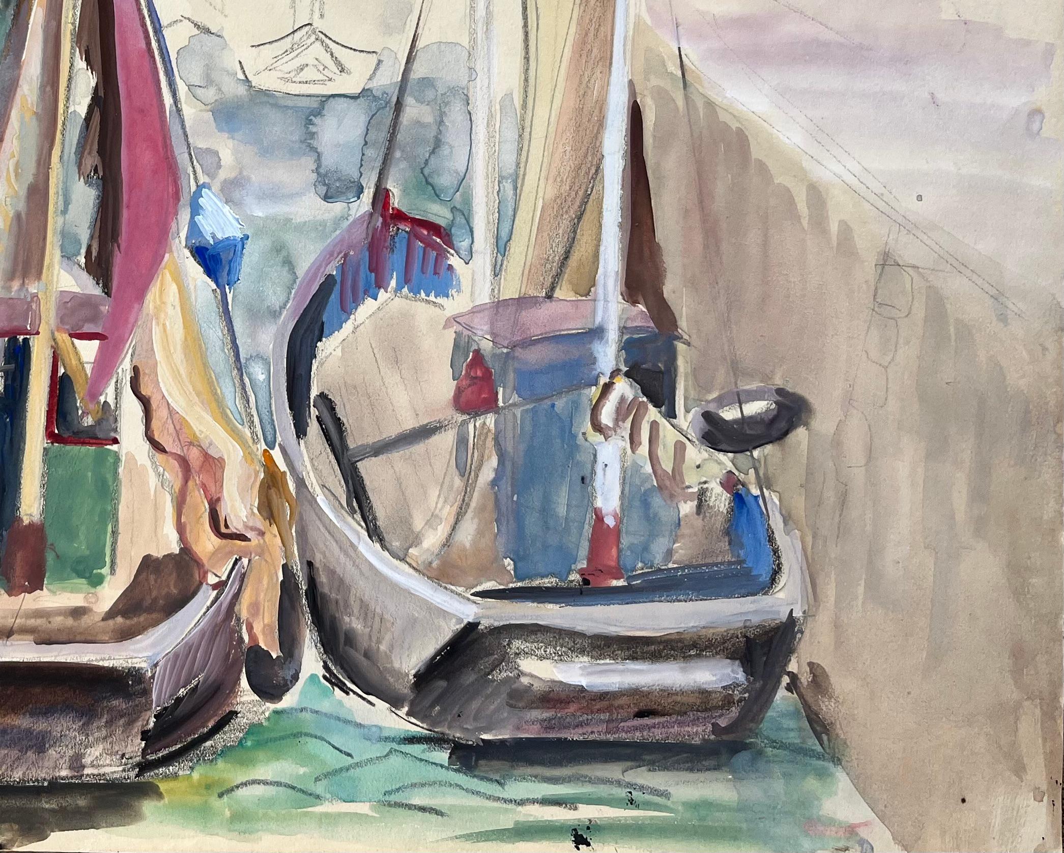 Titolo: Scena portuale francese di metà secolo con barche a vela colorate attraccate al porto
di Anne Marie Migette Perard (francese, 1902-1977)
Medium: Acquerello su carta non incorniciata
Dimensioni: 10,5 pollici (altezza) x 14,5 pollici