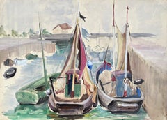 Mid-Century French Harbour Scene With Colourful Sailboats Docked at Port