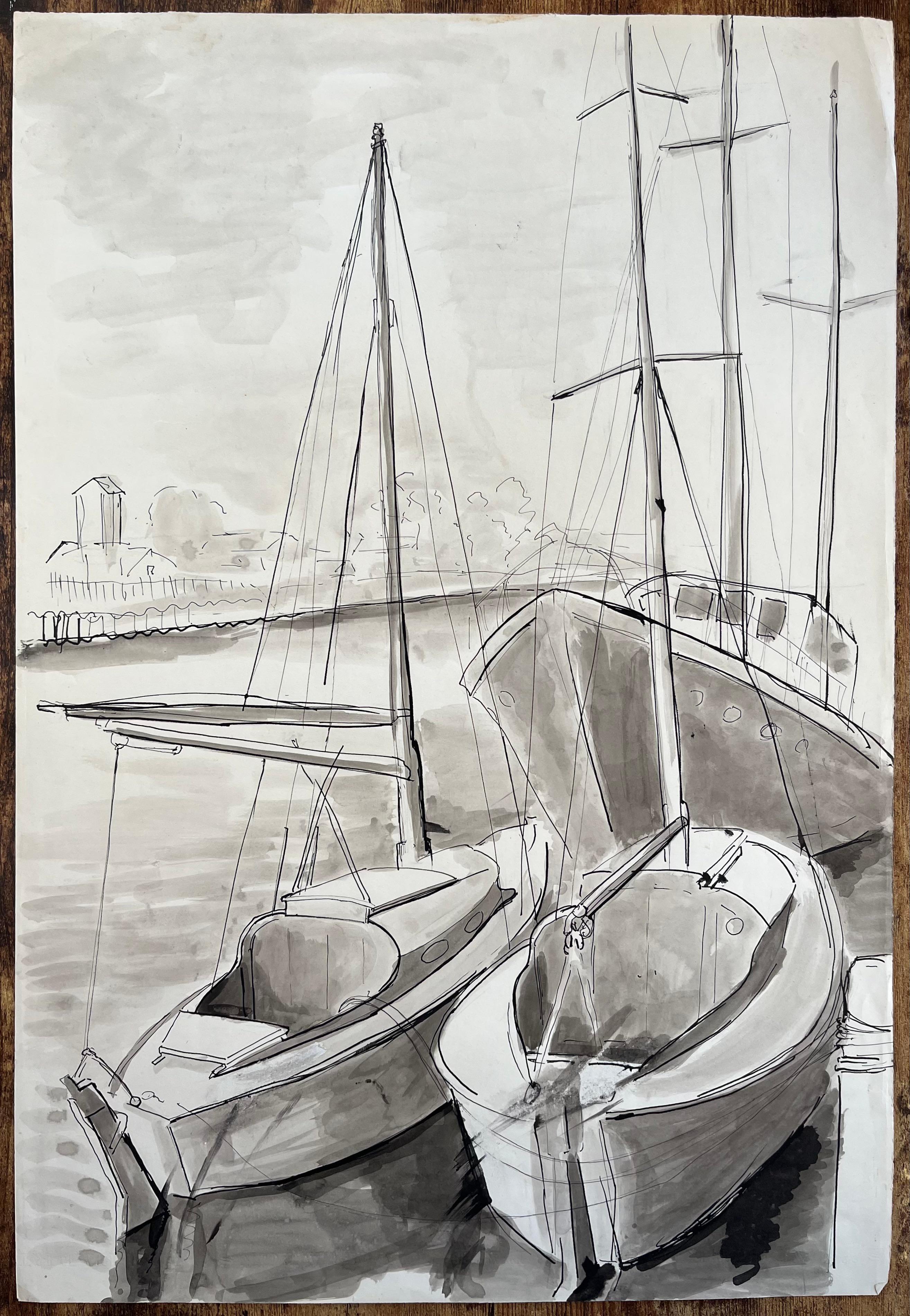 Disegno a inchiostro e lavatura francese di metà secolo di barche a vela ormeggiate al porto con albero maestro - Painting di Anne Marie Migette Perard