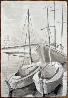 Mid-Century French Ink and Wash Drawing of Sailboats Moored at Harbour With Mast