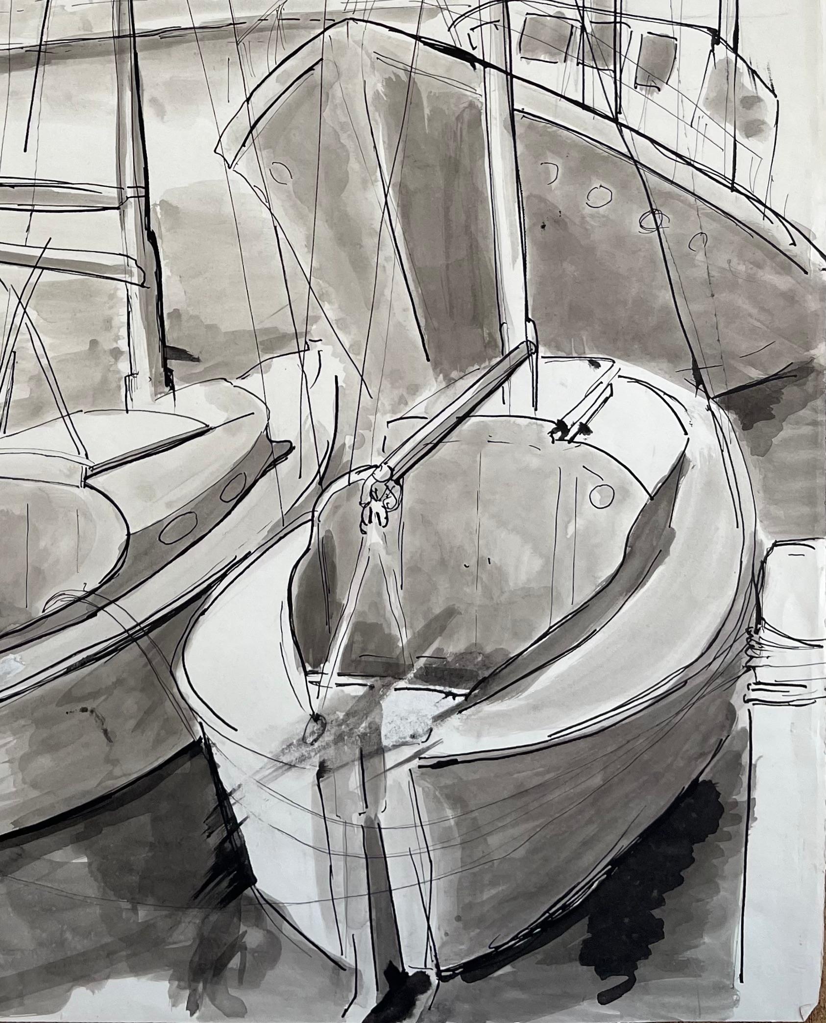 Disegno a inchiostro e lavatura francese di metà secolo di barche a vela ormeggiate al porto con albero maestro - Painting Postimpressionismo di Anne Marie Migette Perard