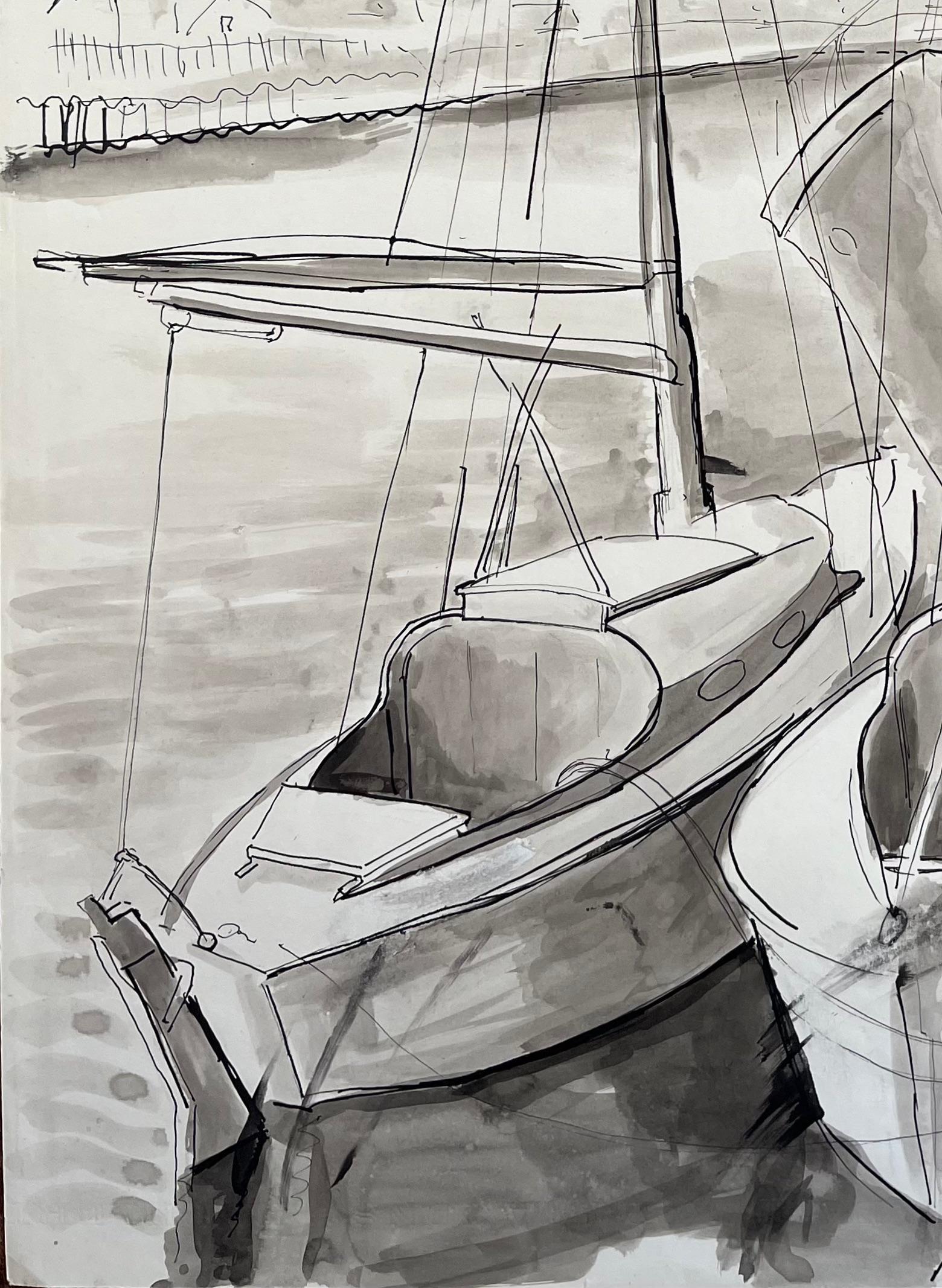 Disegno a inchiostro e lavatura francese di metà secolo di barche a vela ormeggiate al porto con albero maestro - Figurative Painting Grigio di Anne Marie Migette Perard