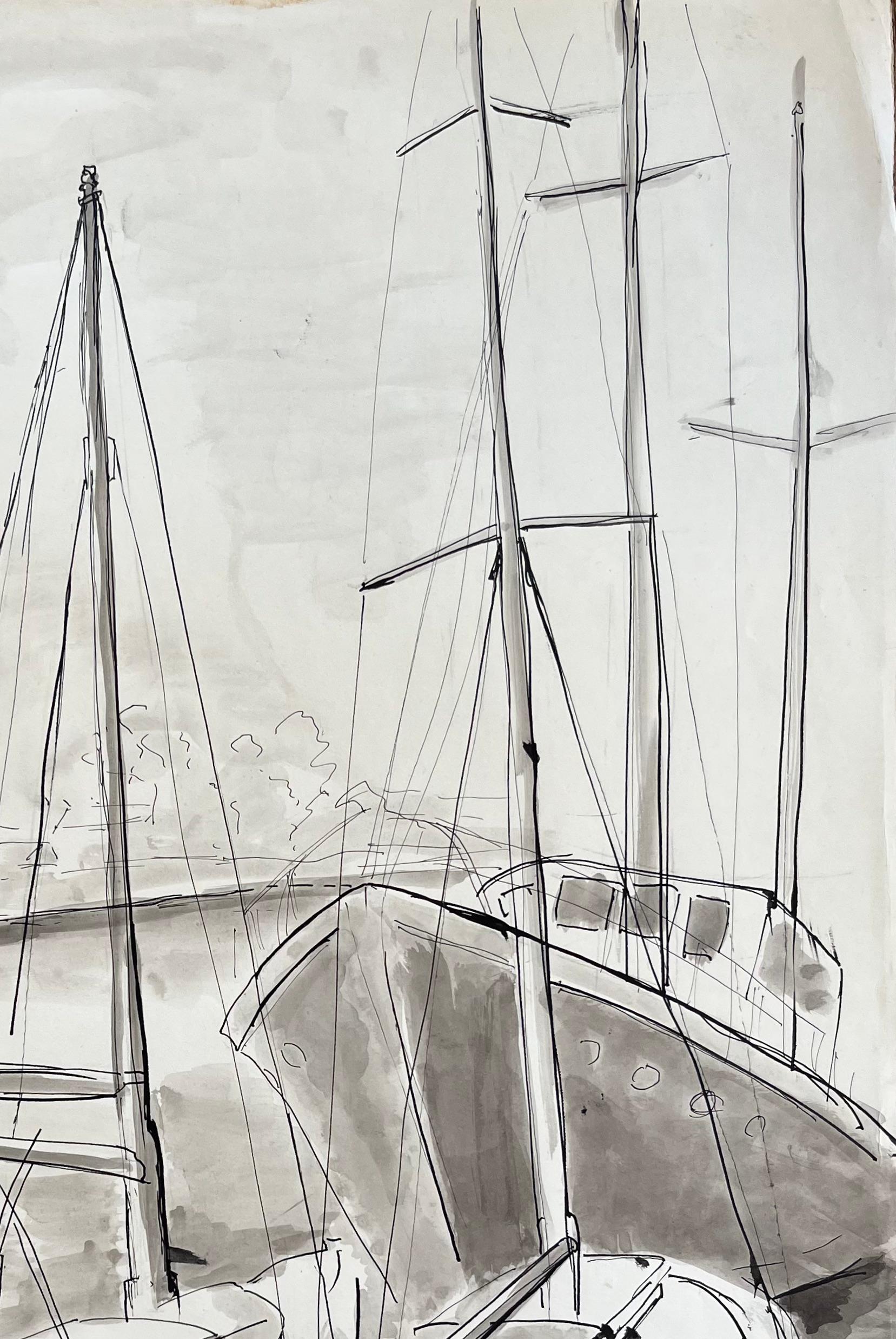 Titolo: Disegno a inchiostro e lavatura francese di metà secolo di barche a vela ormeggiate al porto con alberi
di Anne Marie Migette Perard (francese, 1902-1977)
Medio: Inchiostro e lavaggio su carta non incorniciata
Dimensioni: 21 pollici