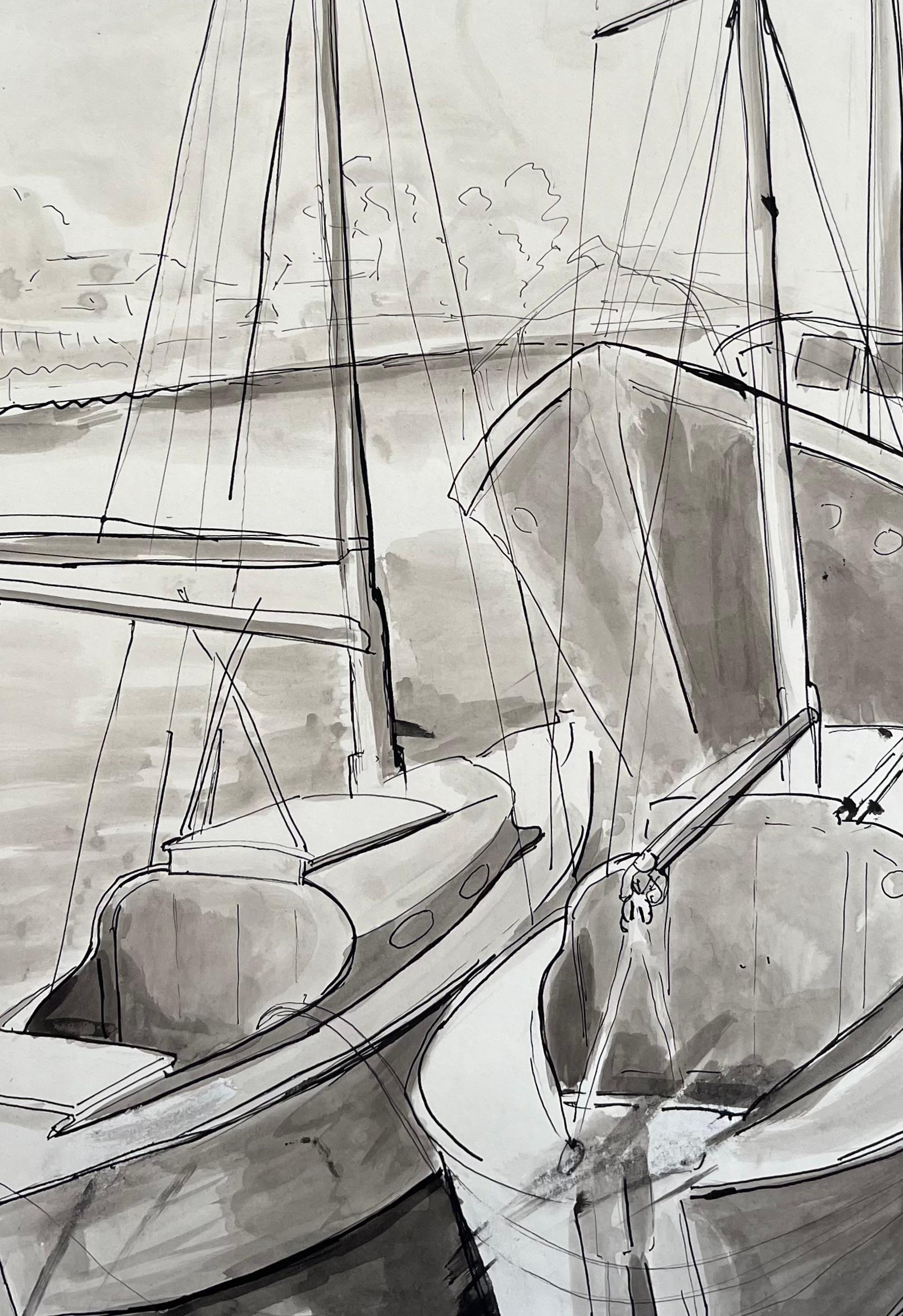 Disegno a inchiostro e lavatura francese di metà secolo di barche a vela ormeggiate al porto con albero maestro in vendita 2