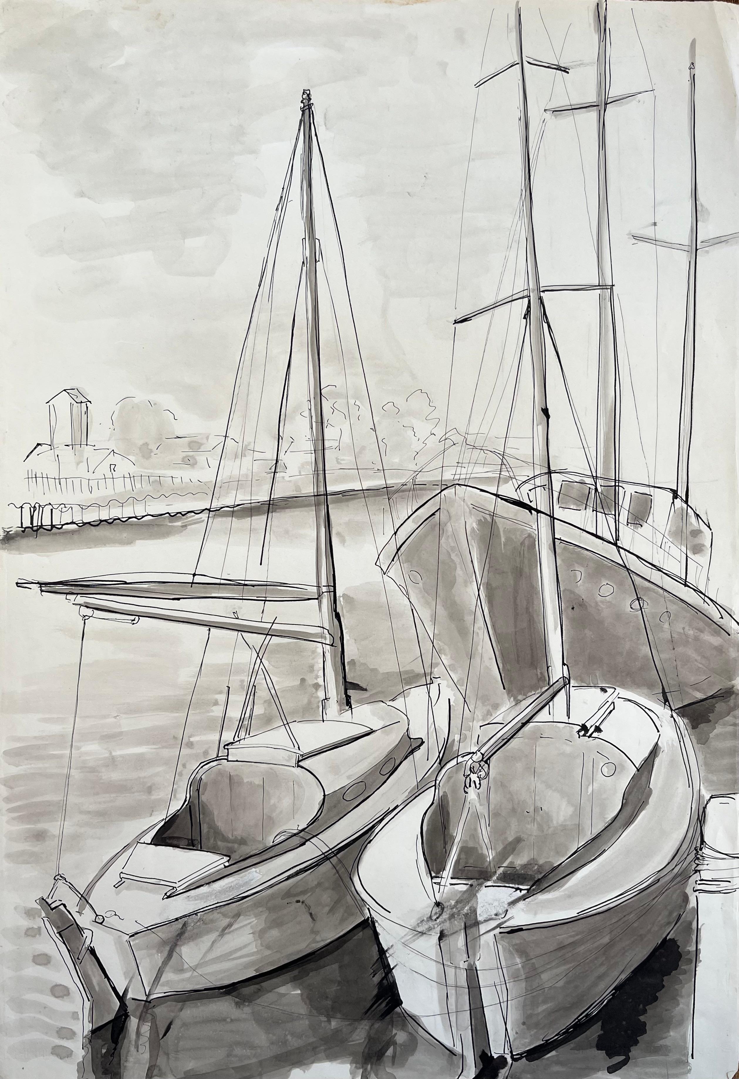 Französische Tinten- und Waschzeichnung von Segelbooten aus der Mitte des Jahrhunderts, gemückt im Hafen mit Mast
