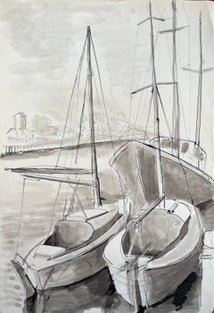 Französische Tinten- und Waschzeichnung von Segelbooten aus der Mitte des Jahrhunderts, gemückt im Hafen mit Mast