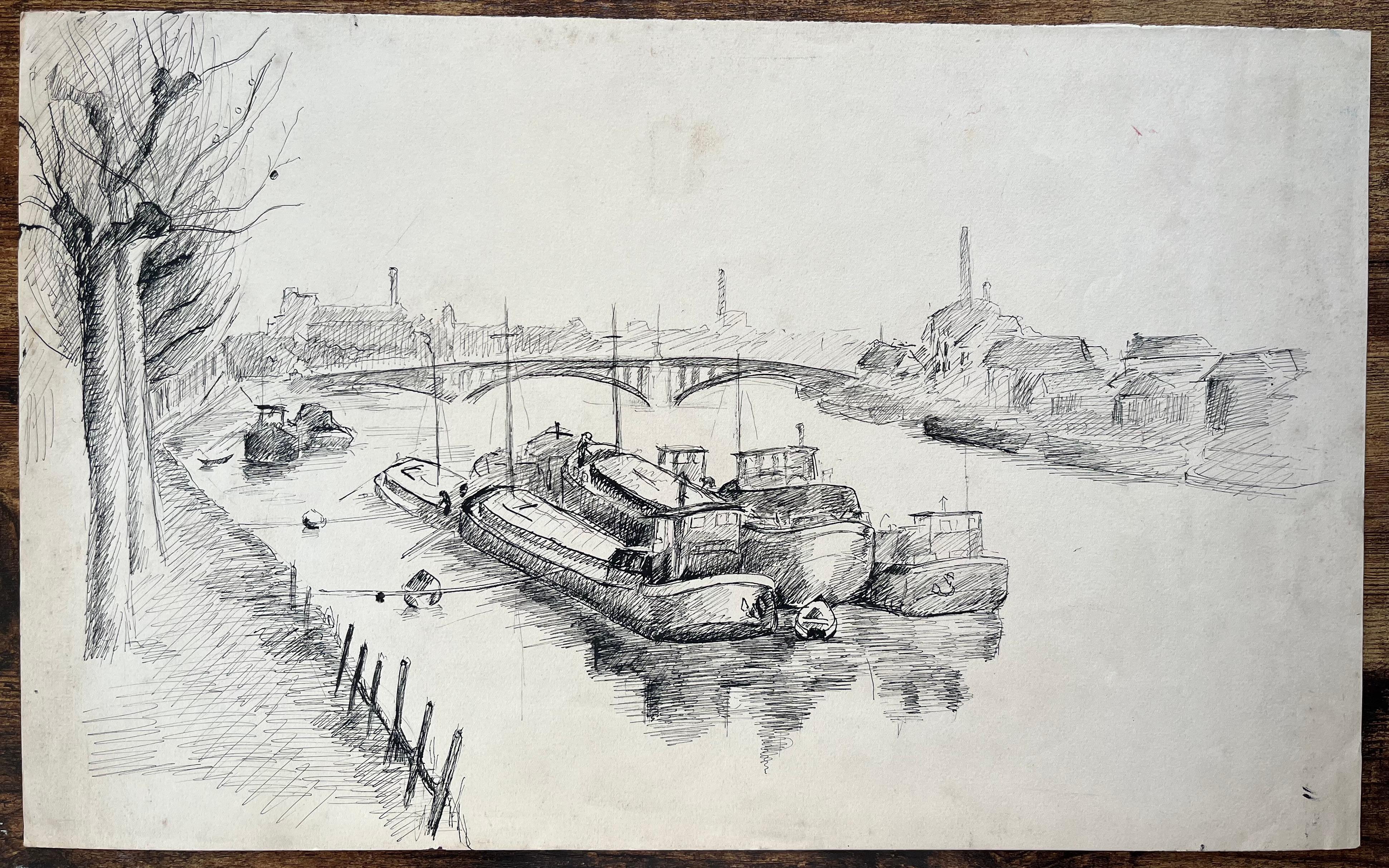 Disegno a inchiostro francese di metà secolo di chiatte ormeggiate sul fiume con ponte industriale - Painting di Anne Marie Migette Perard