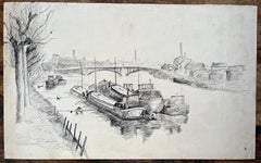 Mid-Century French Ink Drawing of Barges Moored on River With Industrial Bridge