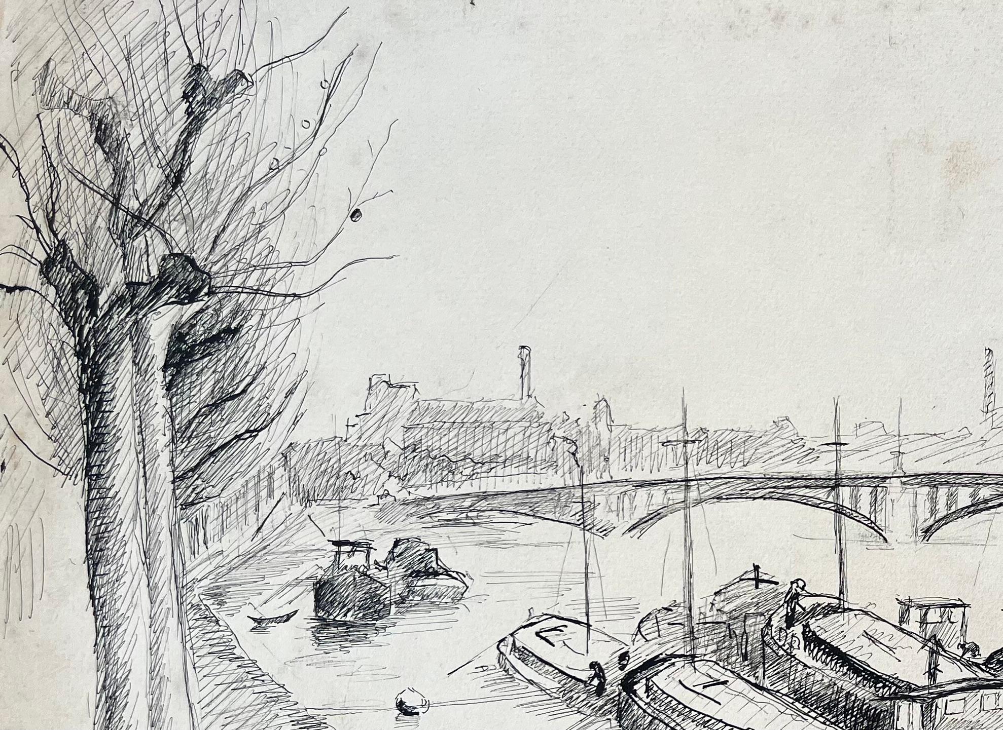 Disegno a inchiostro francese di metà secolo di chiatte ormeggiate sul fiume con ponte industriale - Painting Postimpressionismo di Anne Marie Migette Perard