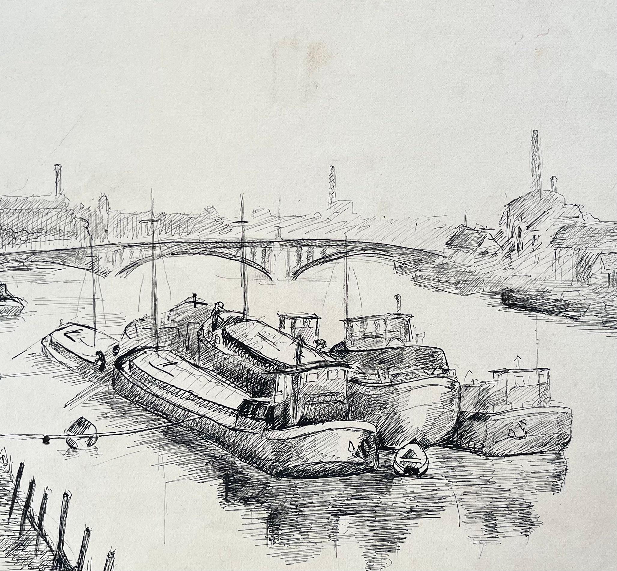 Disegno a inchiostro francese di metà secolo di chiatte ormeggiate sul fiume con ponte industriale in vendita 2