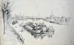 Mid-Century French Ink Drawing of Barges Moored on River With Industrial Bridge