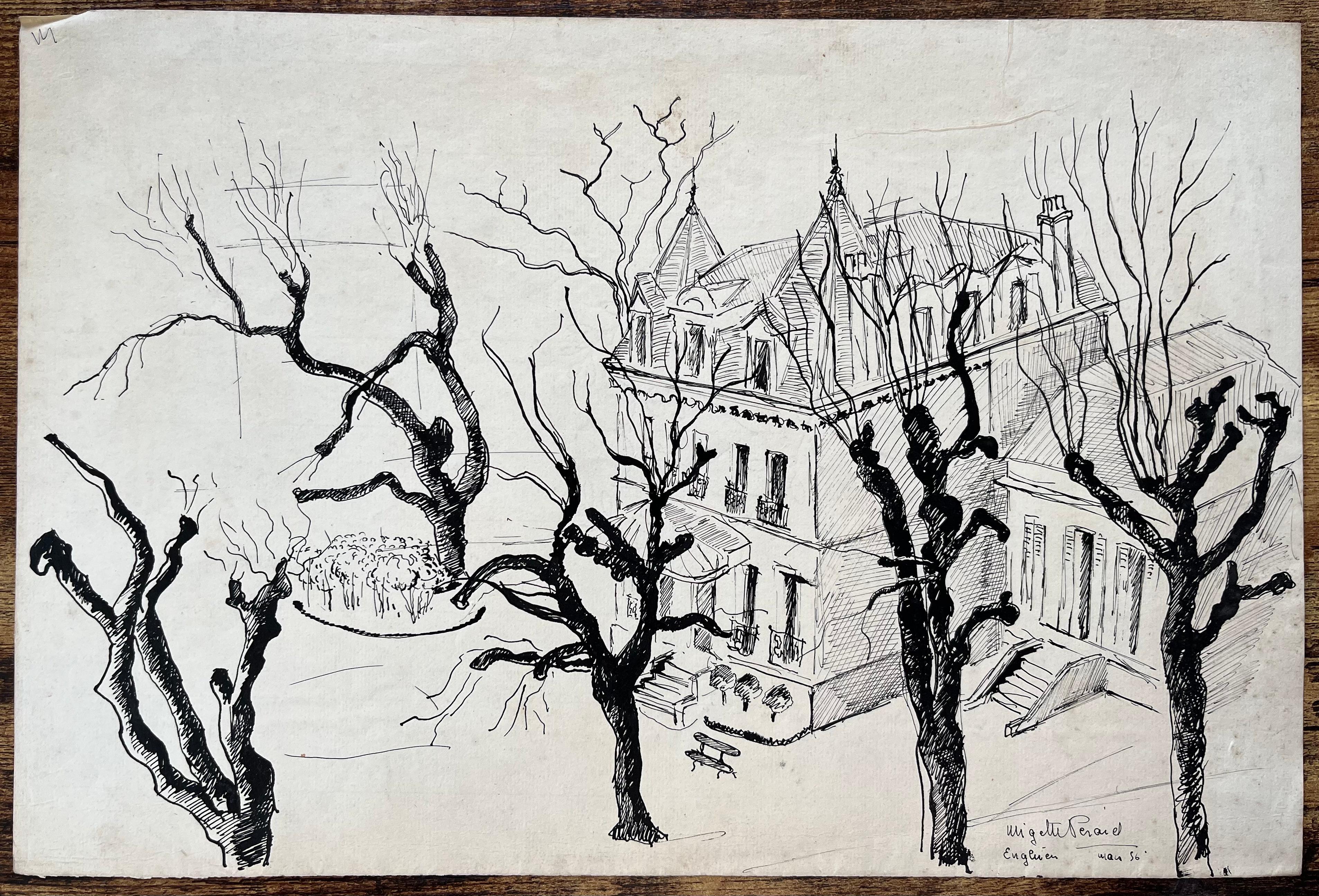 Dibujo francés a tinta de mediados de siglo de una mansión en Enghien (Francia) con árboles de invierno - Painting de Anne Marie Migette Perard