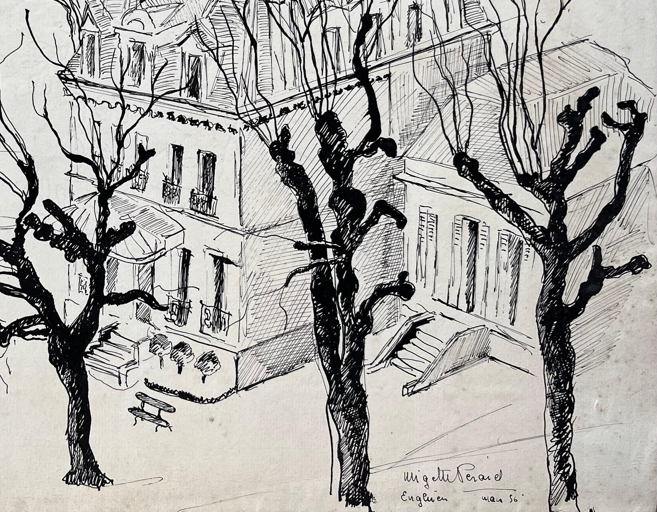 Dibujo francés a tinta de mediados de siglo de una mansión en Enghien (Francia) con árboles de invierno - Painting Posimpresionista de Anne Marie Migette Perard
