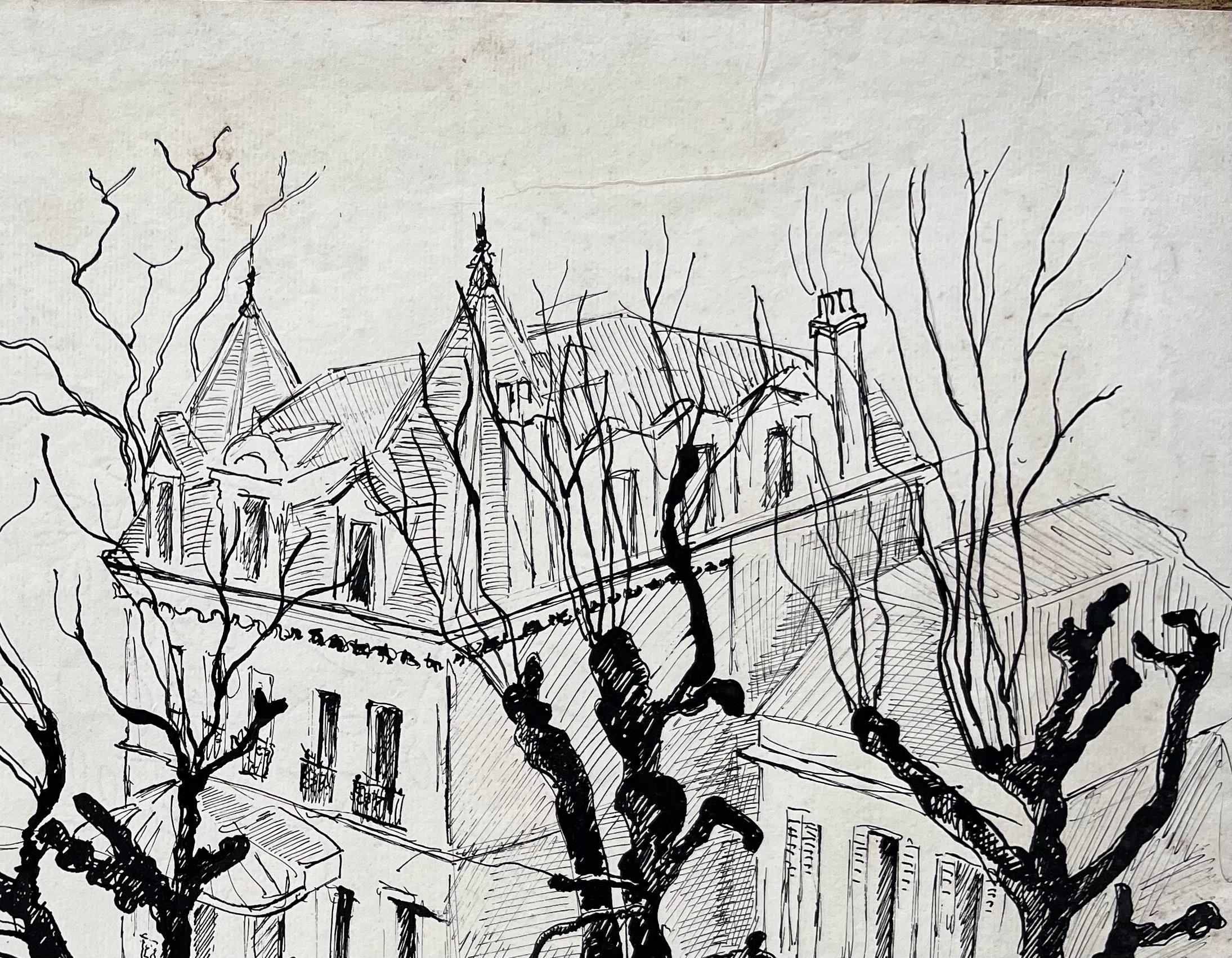 Dibujo francés a tinta de mediados de siglo de una mansión en Enghien (Francia) con árboles de invierno - Figurative Painting Gris de Anne Marie Migette Perard