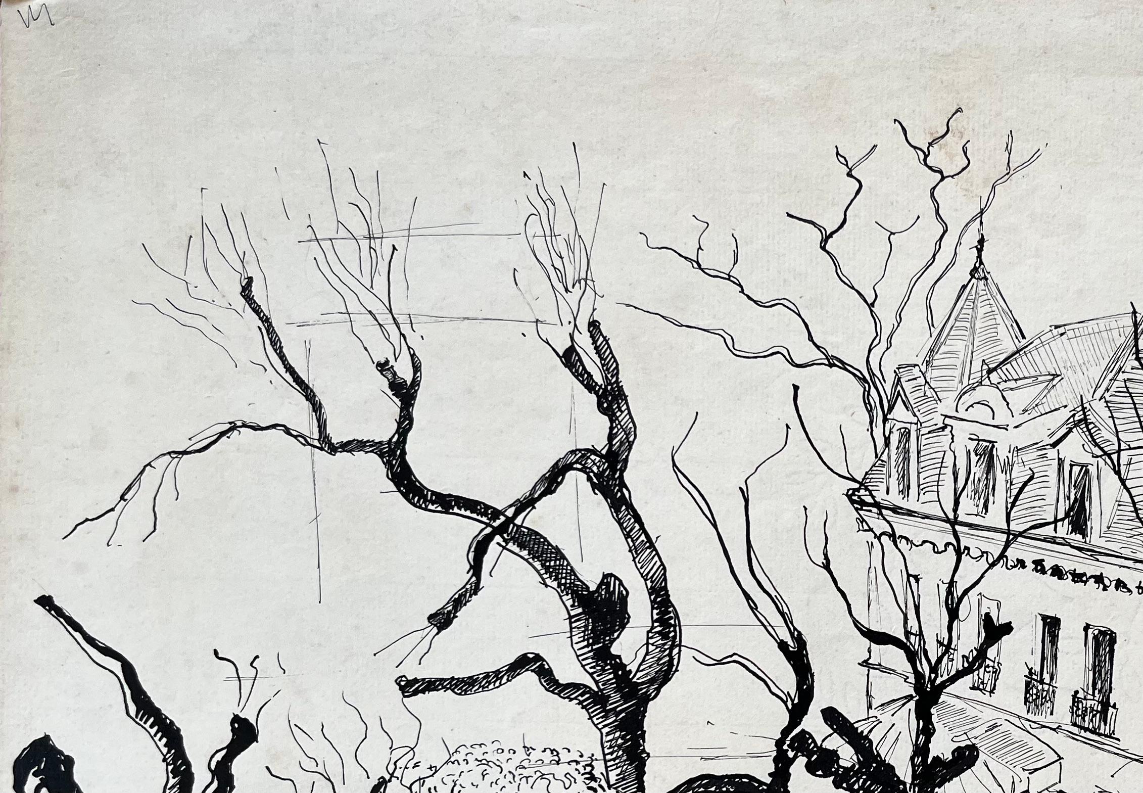 Dibujo francés a tinta de mediados de siglo de una mansión en Enghien (Francia) con árboles de invierno en venta 1