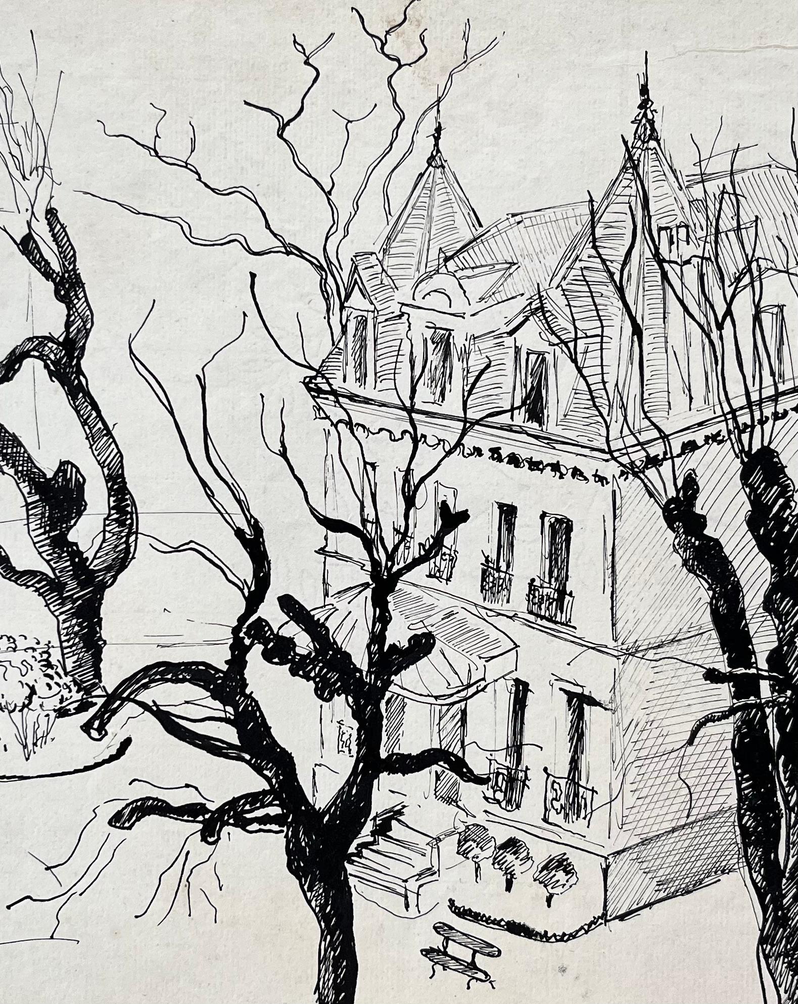 Dibujo francés a tinta de mediados de siglo de una mansión en Enghien (Francia) con árboles de invierno en venta 2